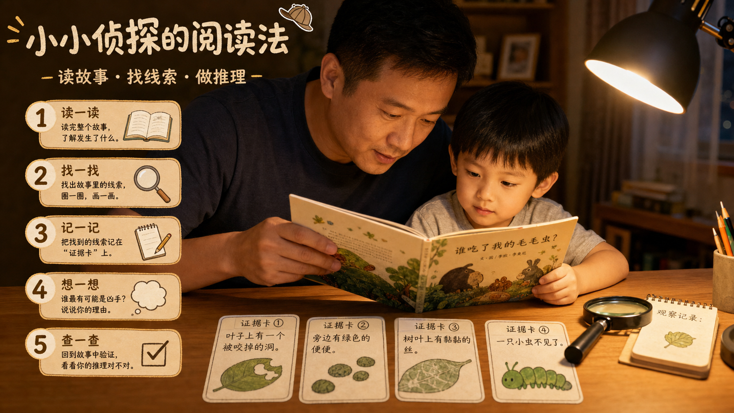 一位中国爸爸和大约5岁的孩子坐在温暖的夏夜台灯下共读绘本,暖黄色调,温馨克制的灯光质感。桌面上放着几