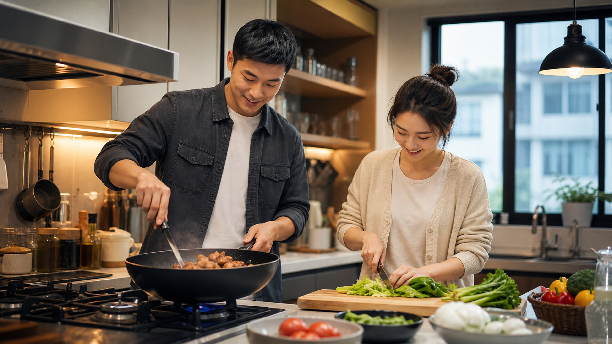 A warm and cozy kitchen scene, a young Chinese cou