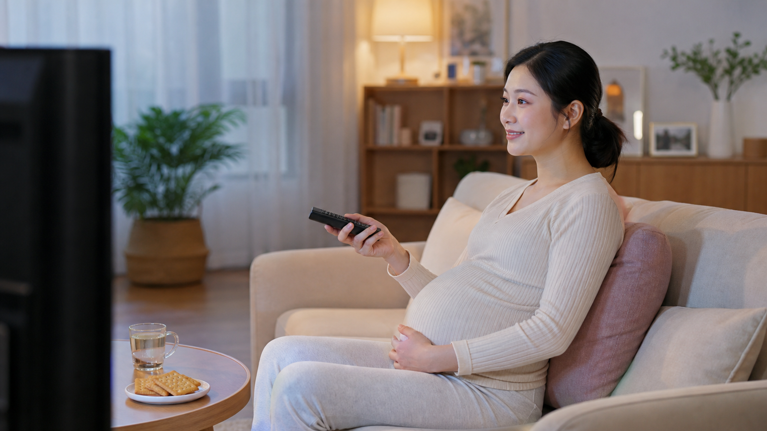 A beautiful Chinese pregnant woman sitting comfort