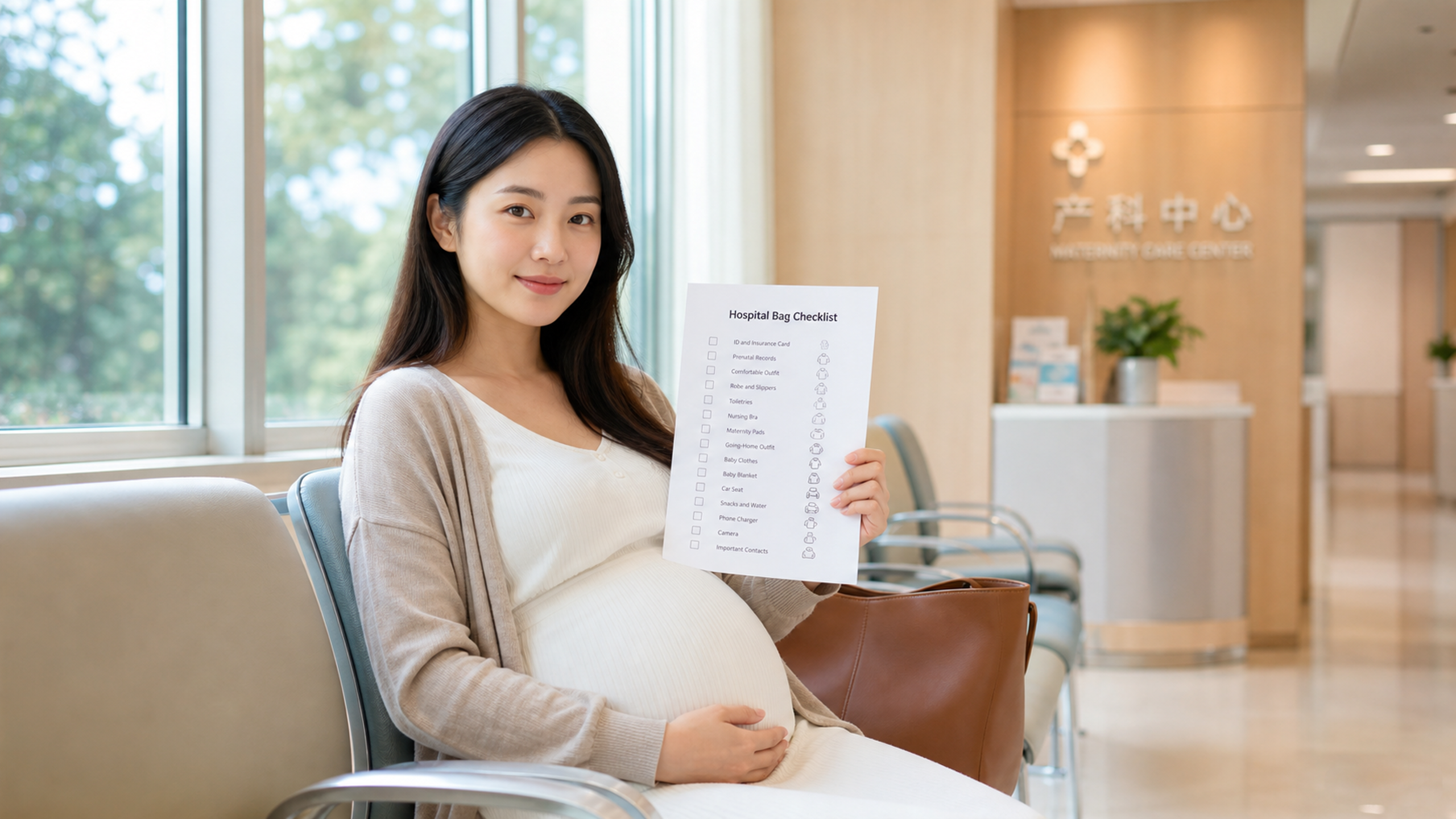 A young Chinese pregnant woman sitting in a bright