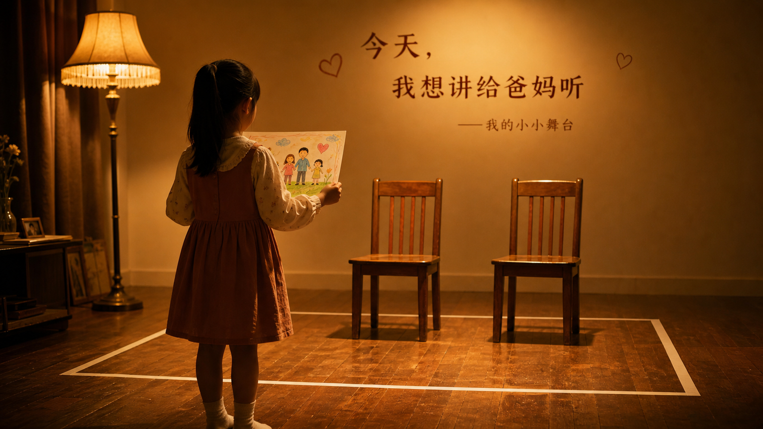 电影剧场质感,一盏暖黄色的复古台灯打在木地板上,地板上贴着一条白胶带作为“舞台线”。画面聚焦于一个中
