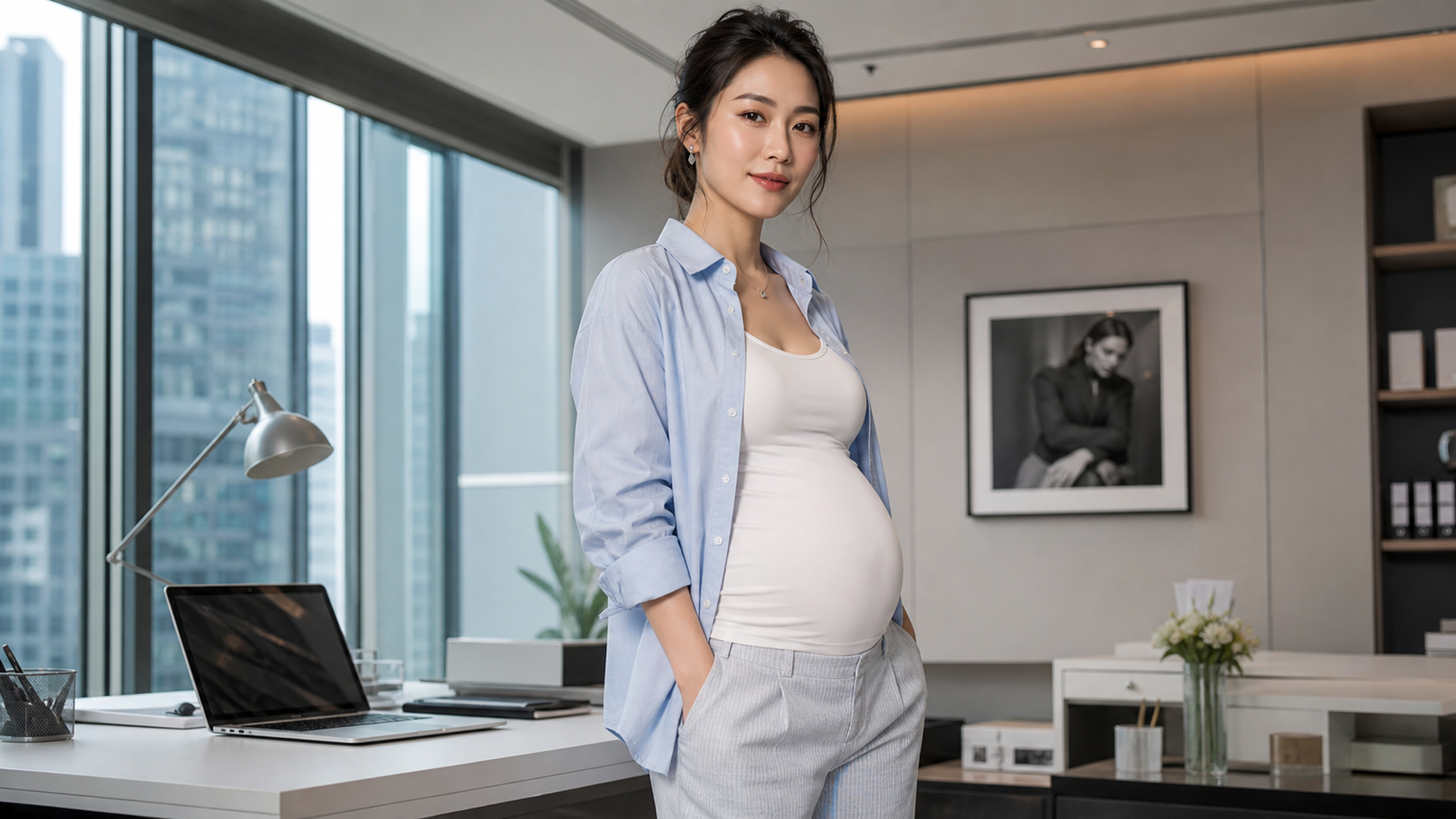A stylish Chinese pregnant woman in a modern offic