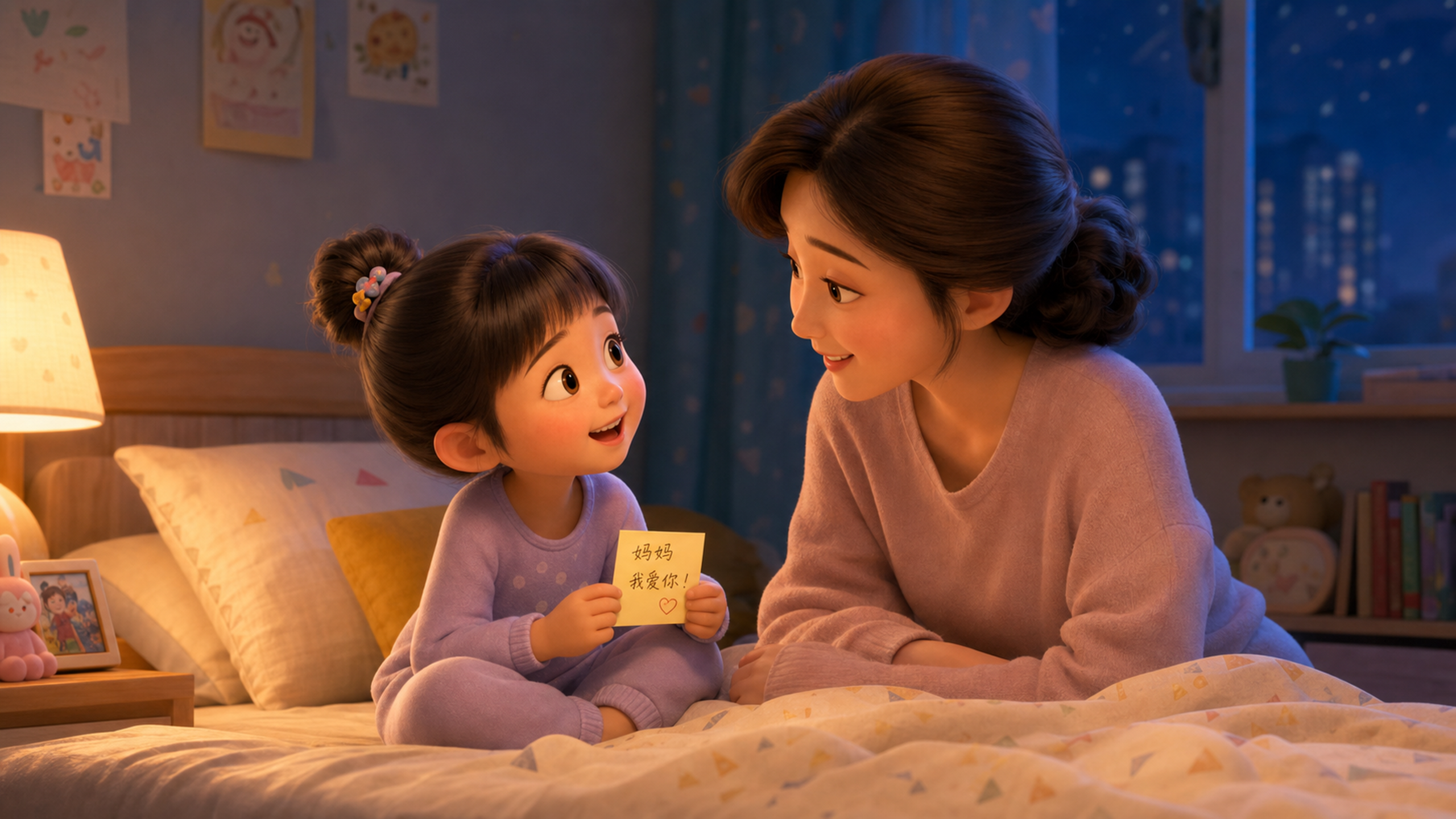 A warm and cozy bedroom scene at night, soft yello