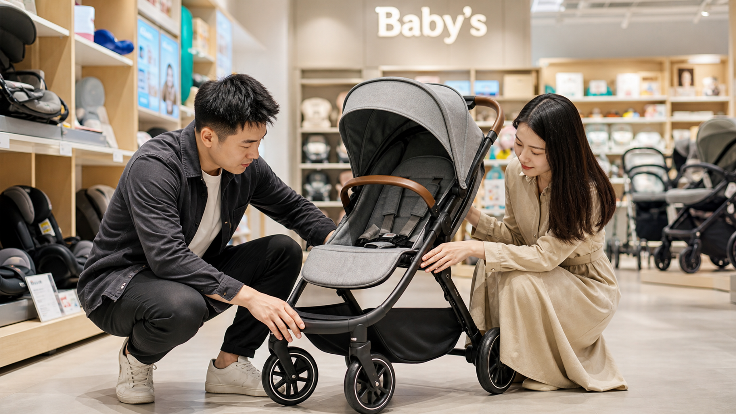 A young Chinese couple in a bright, modern baby st