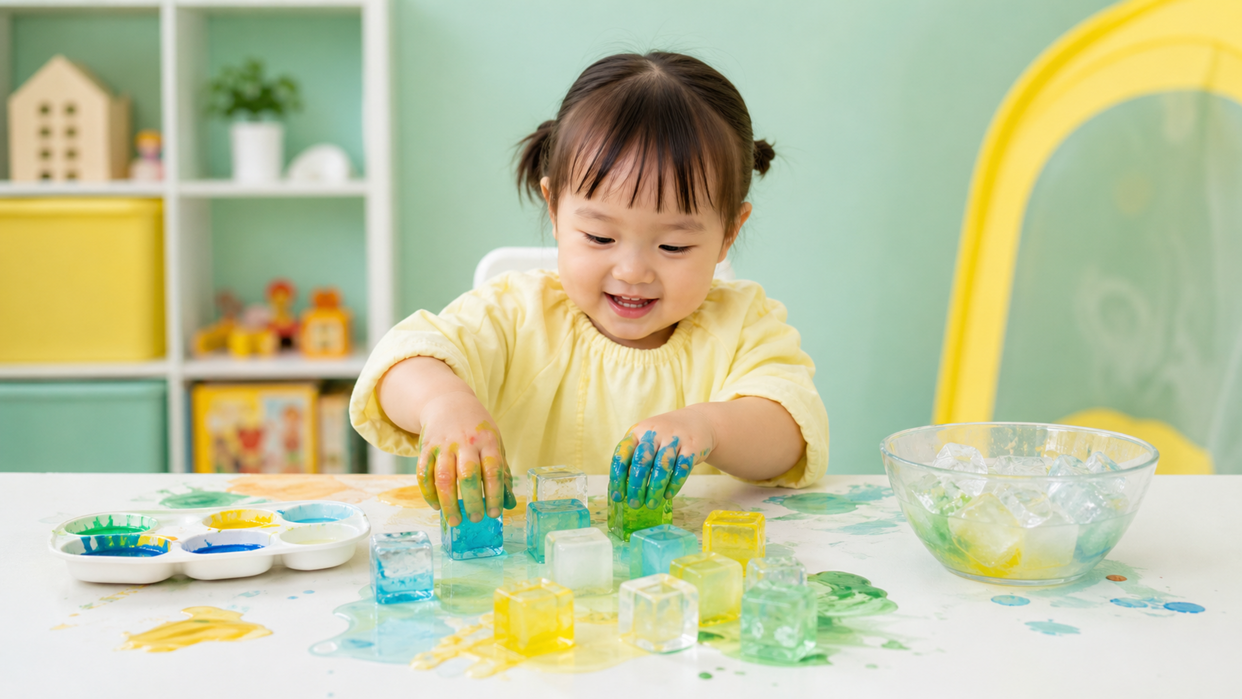 A cute 2-year-old Chinese toddler playing with col