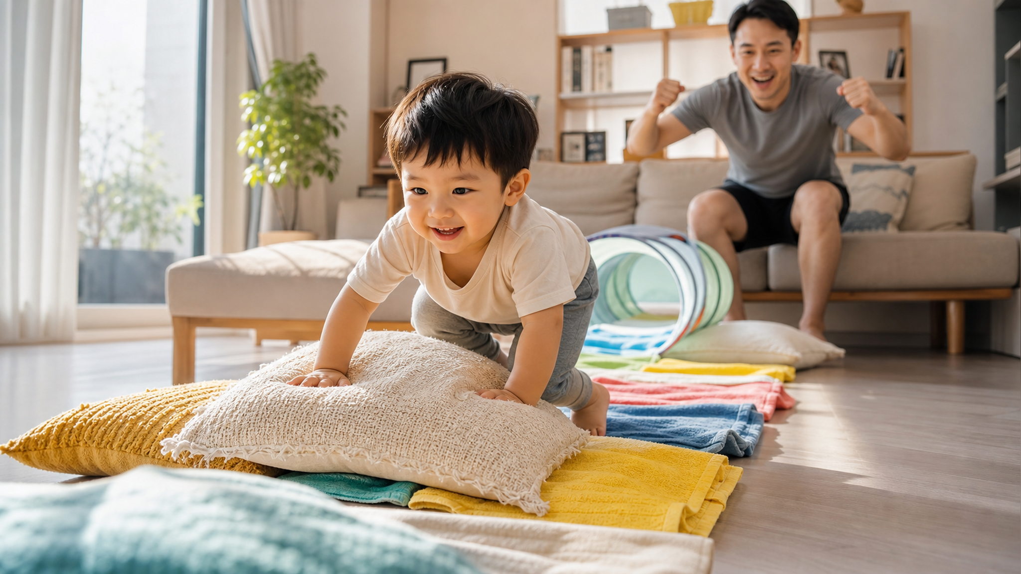 A cute Chinese toddler boy playing an indoor obsta