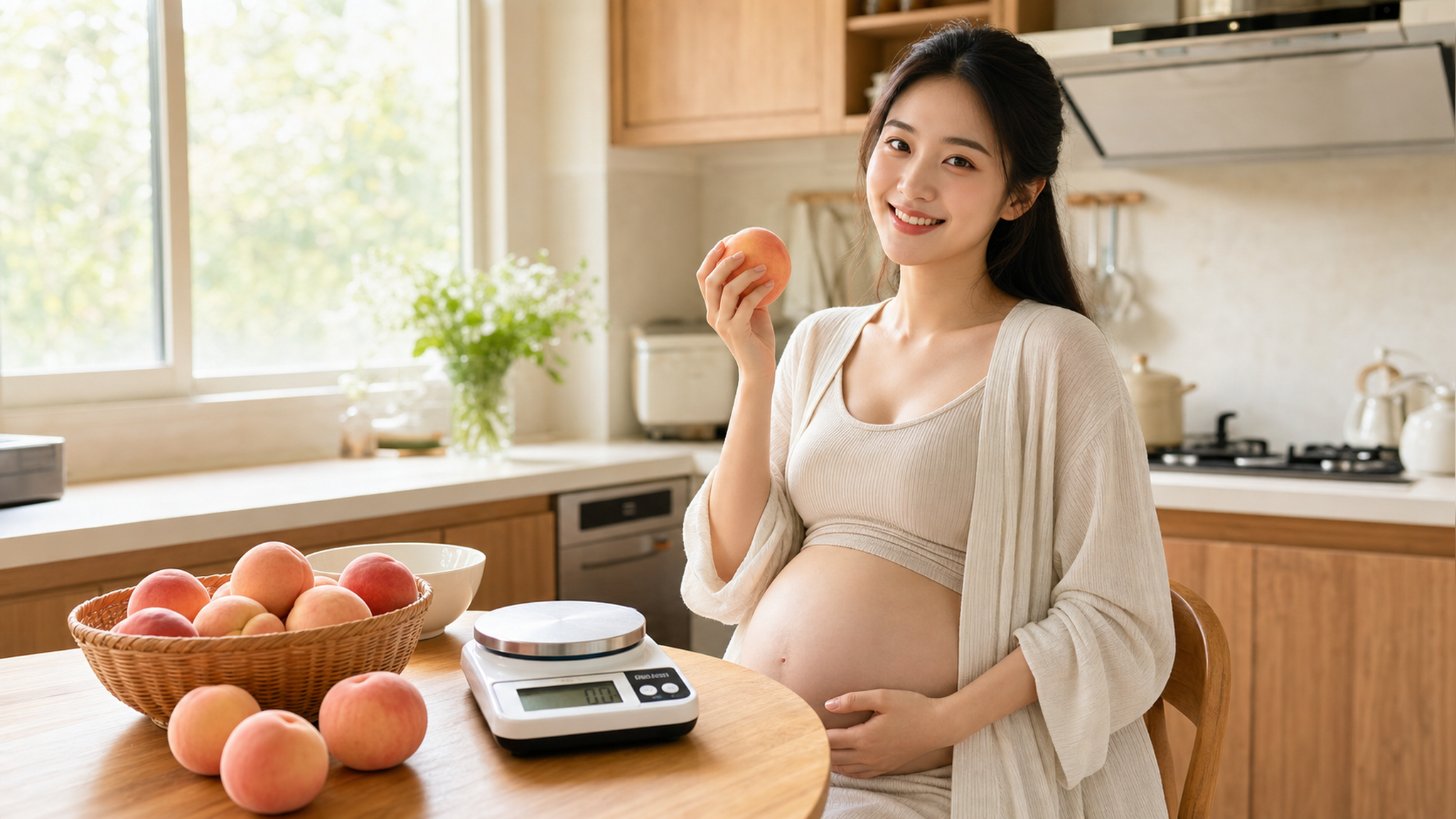 A beautiful Chinese pregnant woman sitting in a br