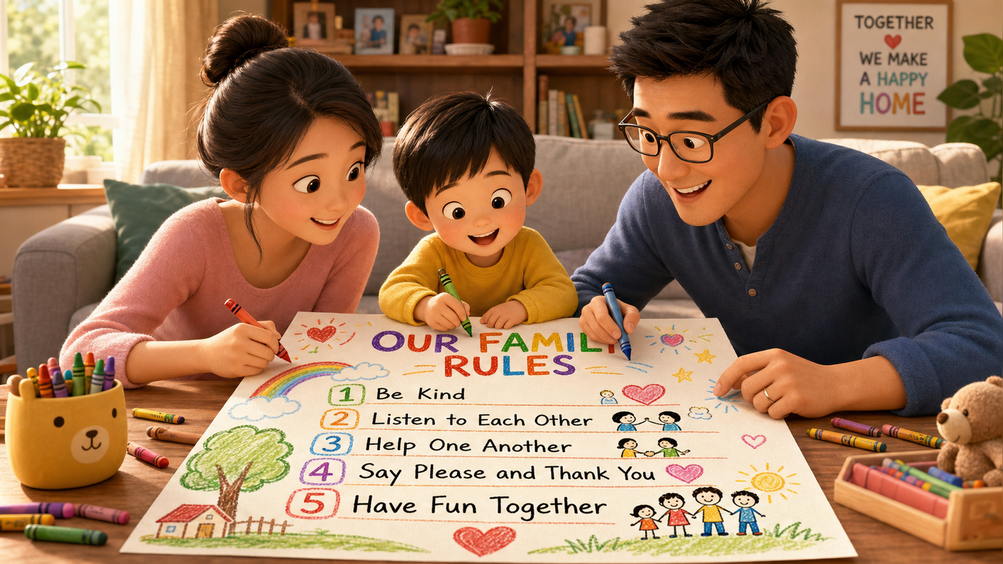 A warm and bright illustration of a Chinese family