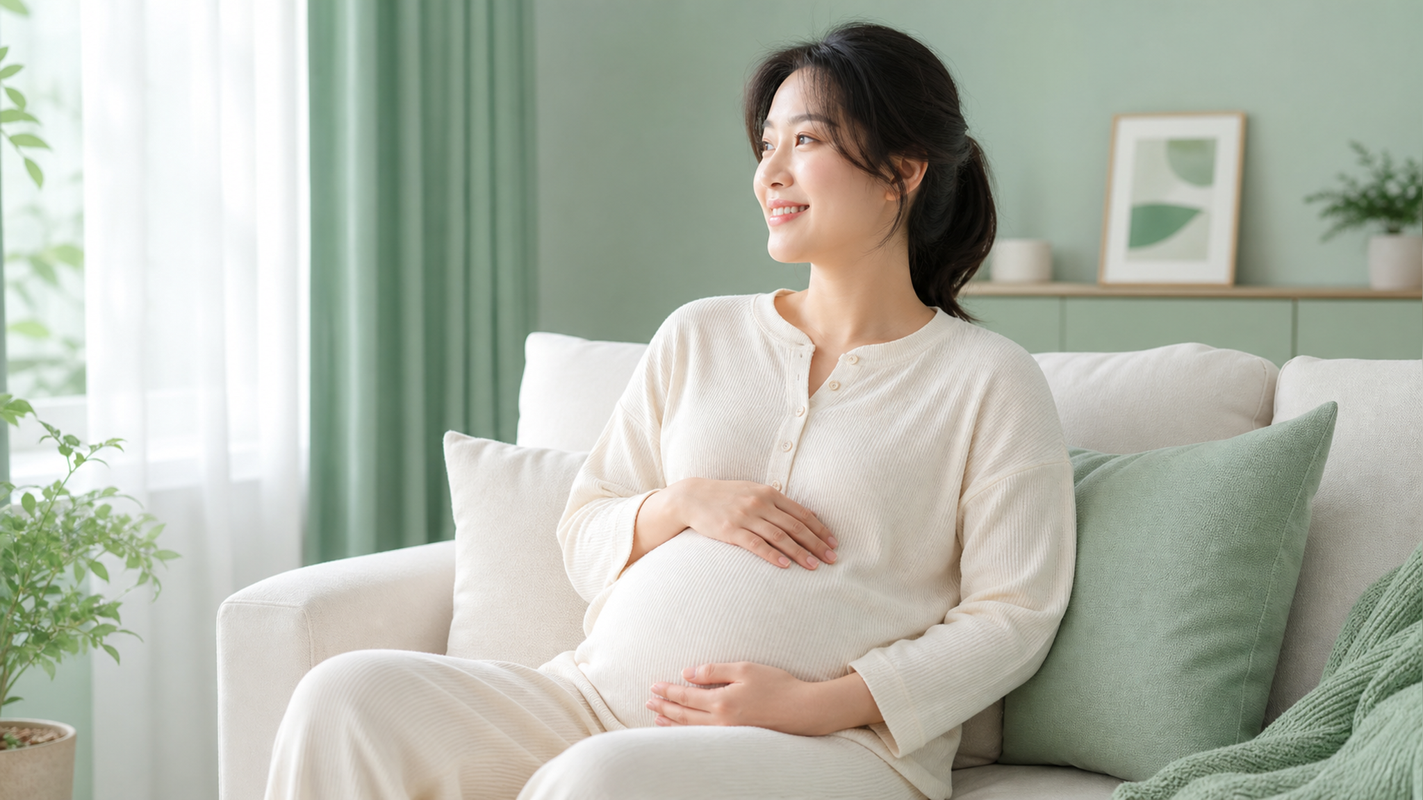 A beautiful Chinese pregnant woman sitting comfort