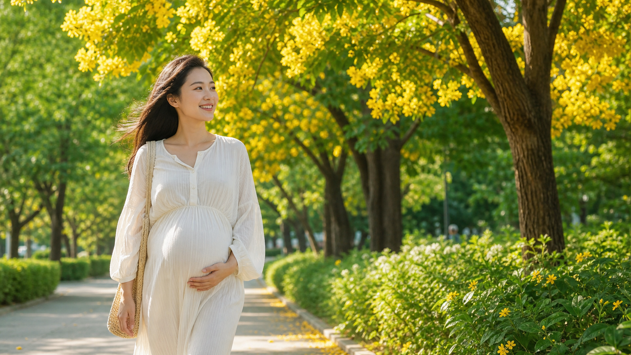 A beautiful Chinese pregnant woman walking in a br