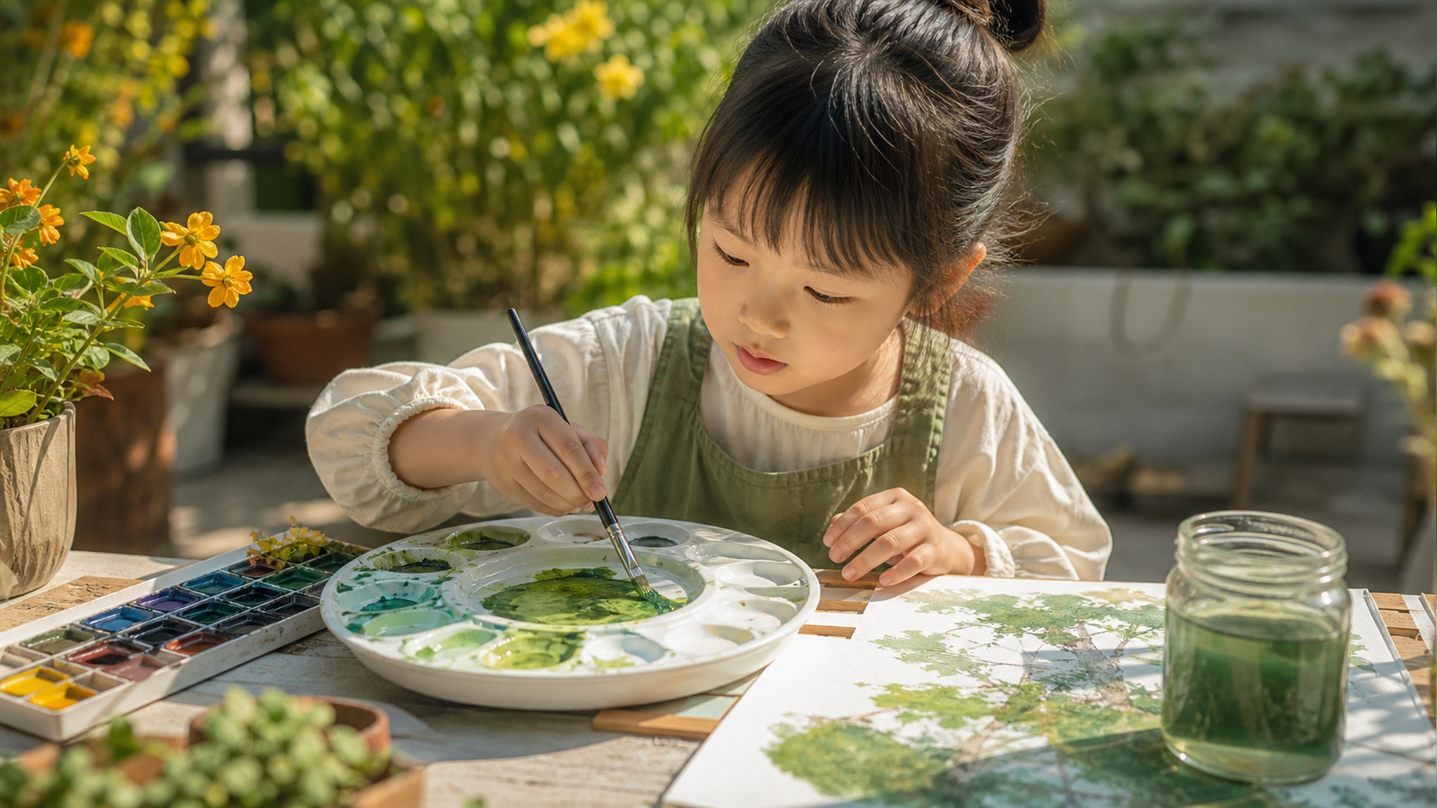 A Chinese child playing with watercolor paints on
