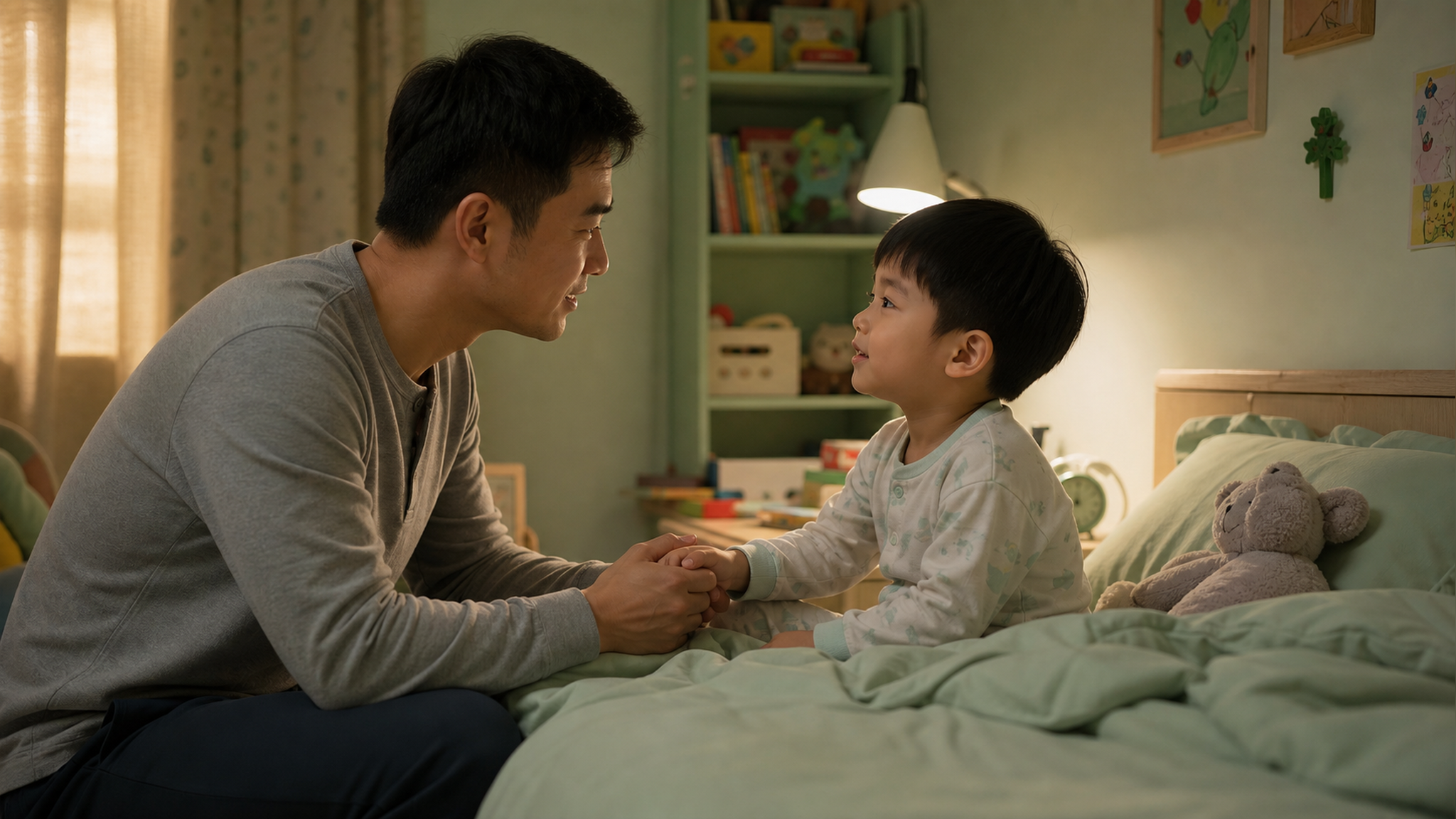 A heartwarming scene of a young Chinese father sit