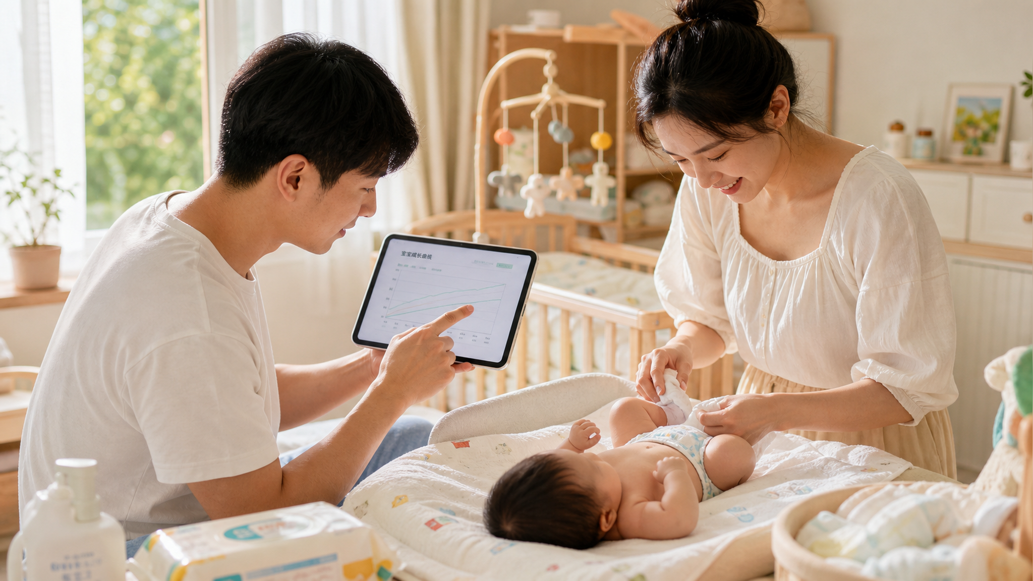 A warm and bright scene of a young Chinese couple