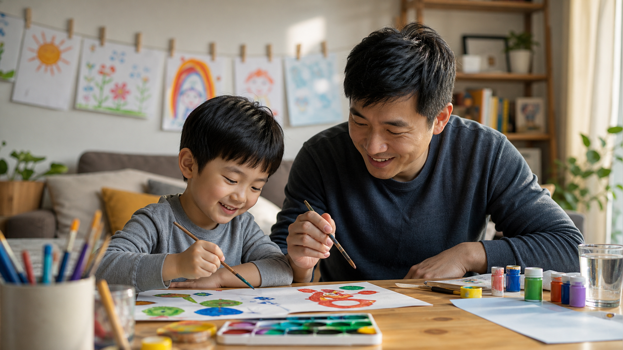 A heartwarming scene of a Chinese father and his y