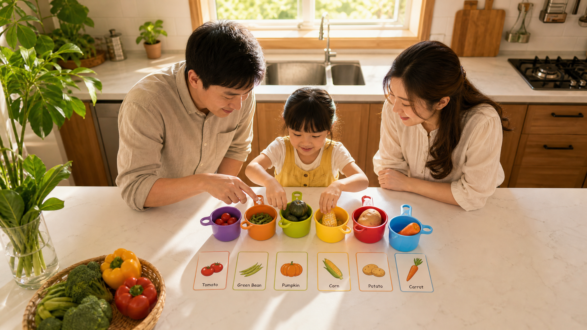 A warm and bright overhead shot of a Chinese famil