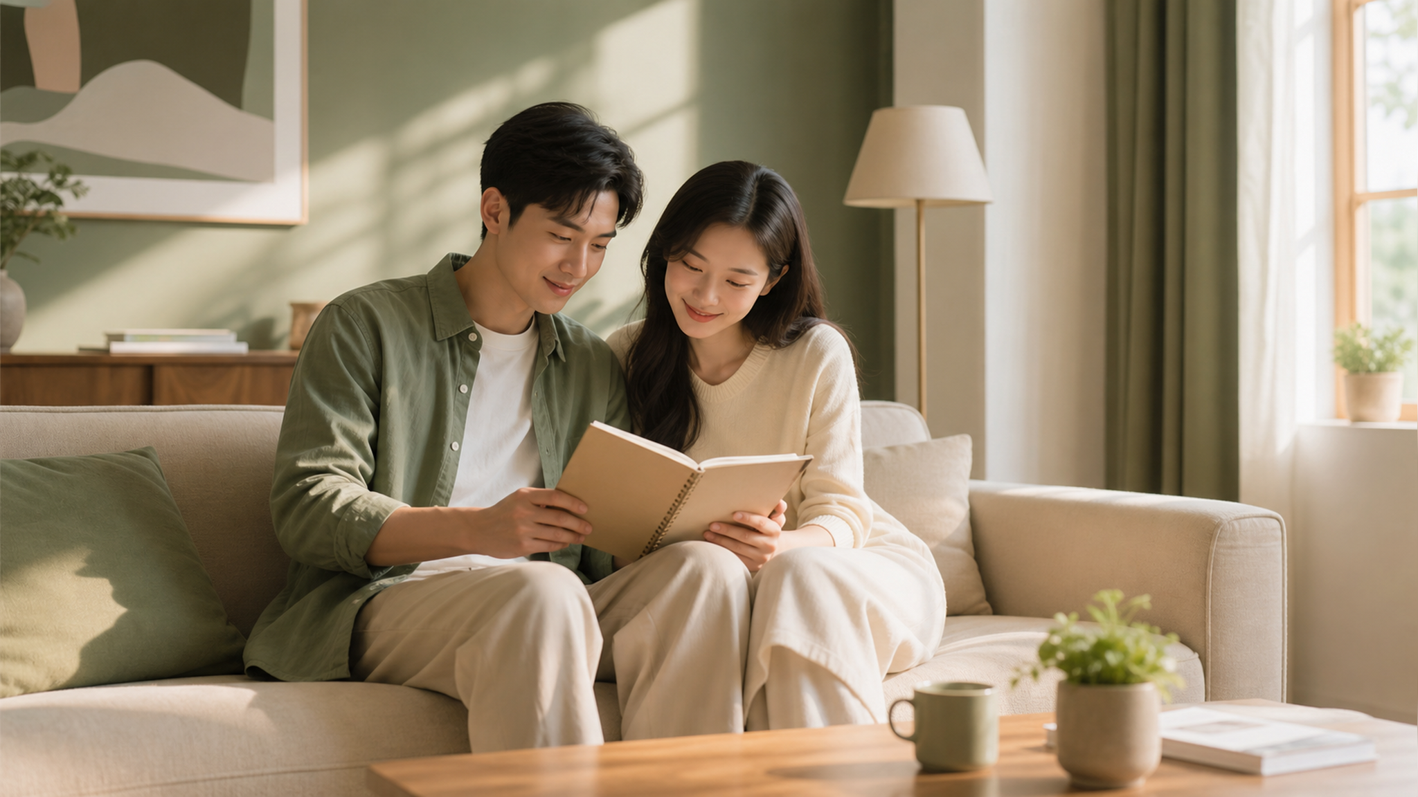 A young Chinese couple sitting on a cozy beige sof