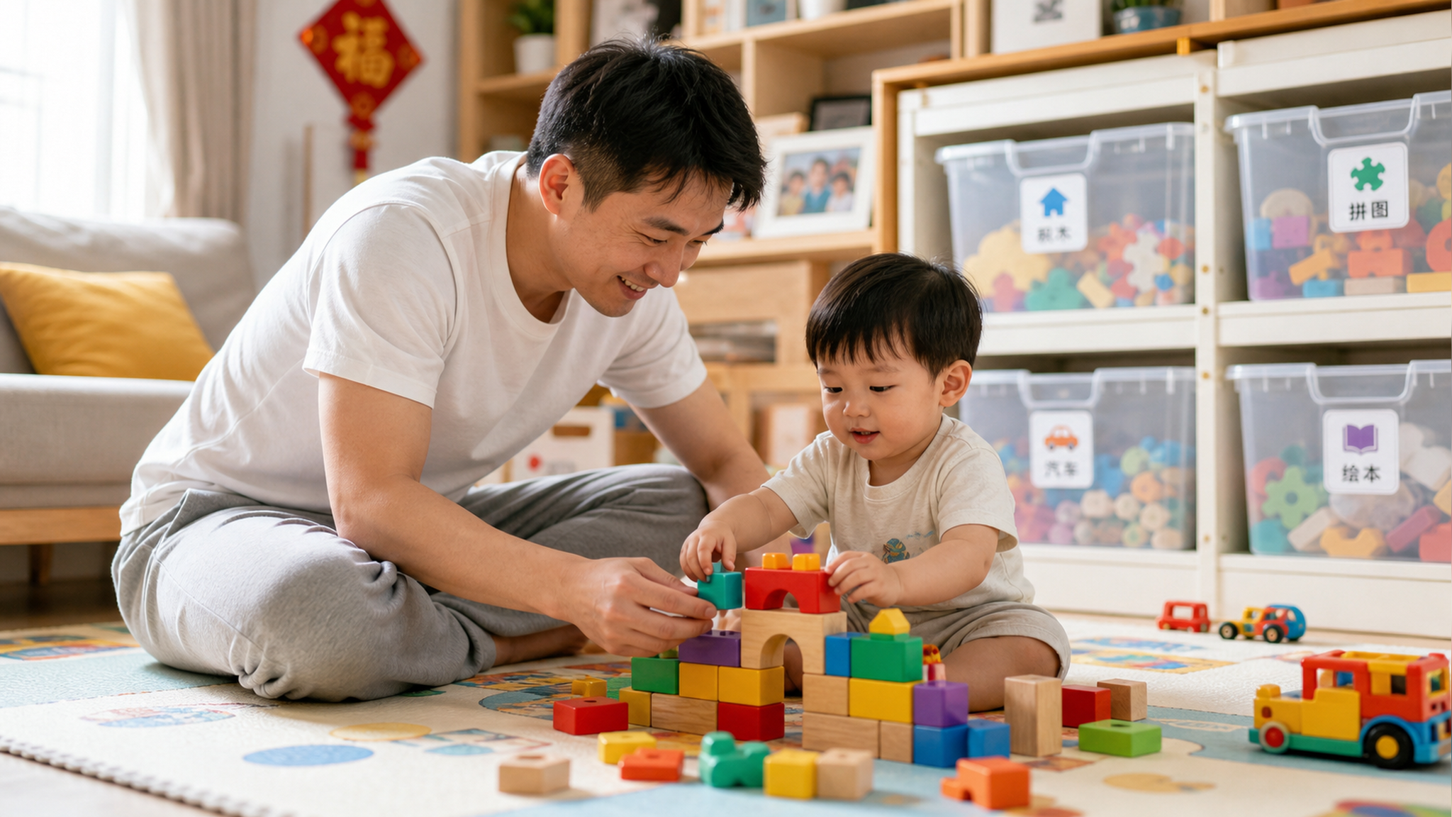 A warm Chinese family playing together in a well-o