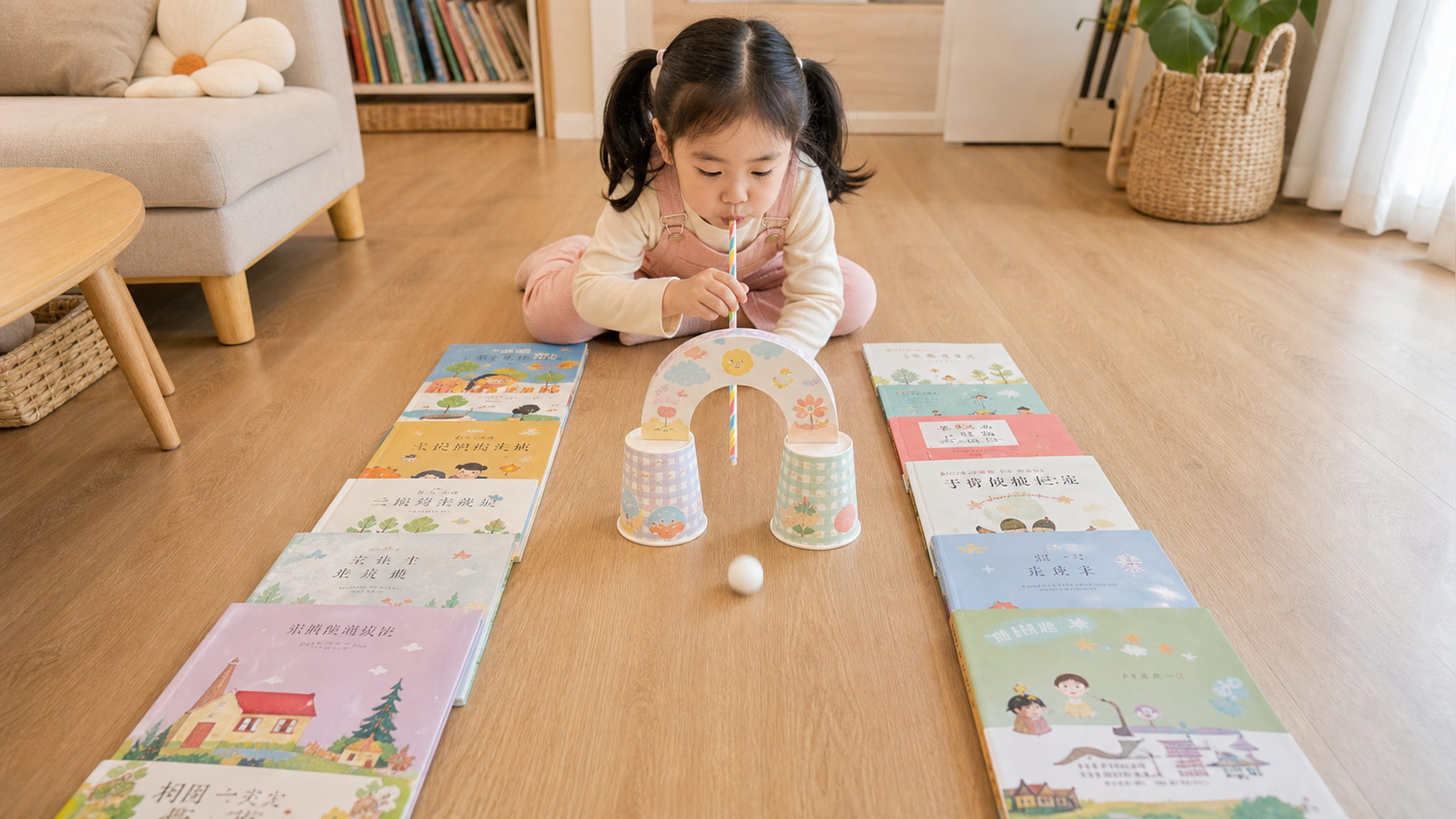A cute 4-year-old Chinese child sitting on a woode