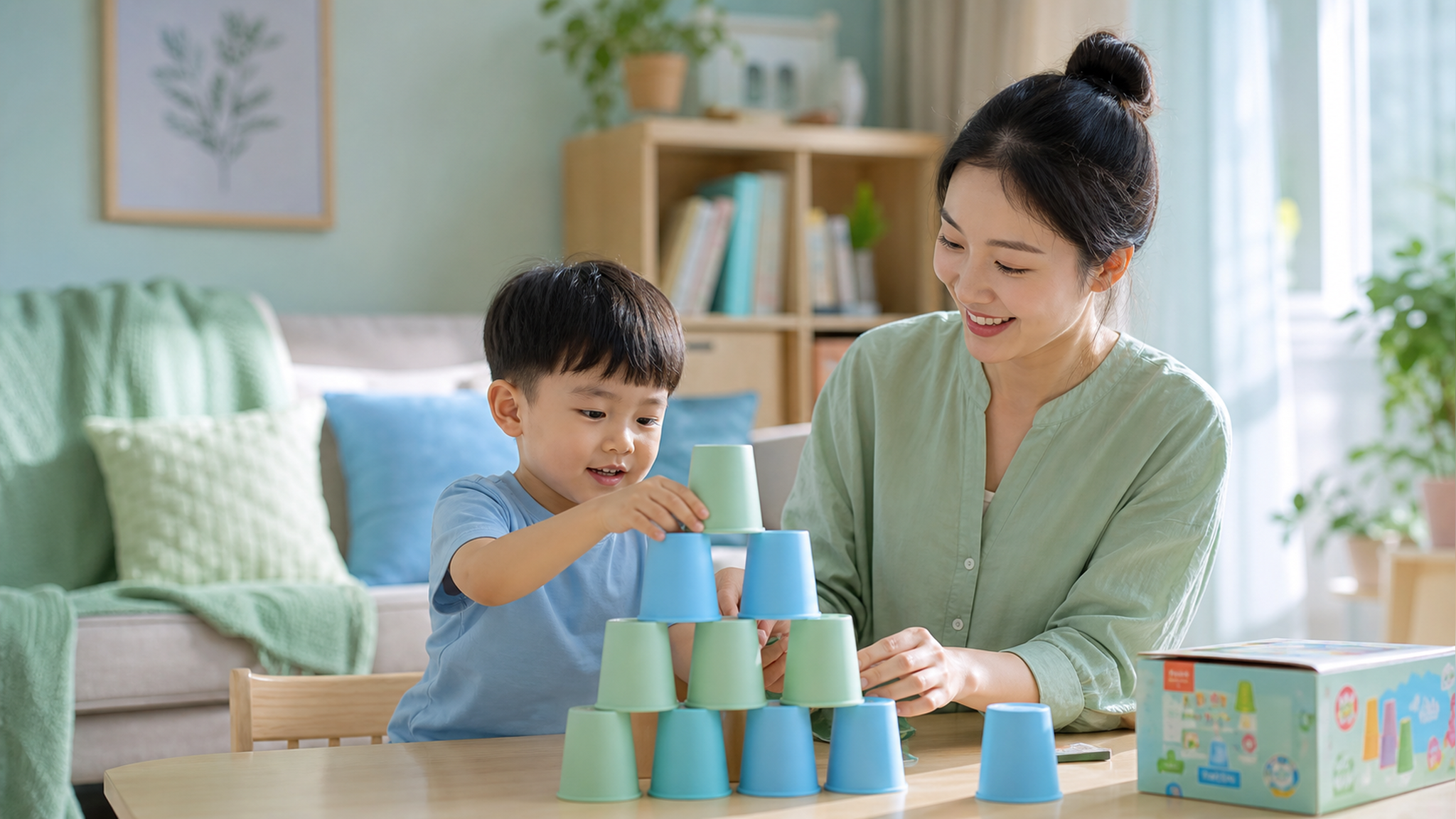A Chinese mother and her 4-year-old child playing