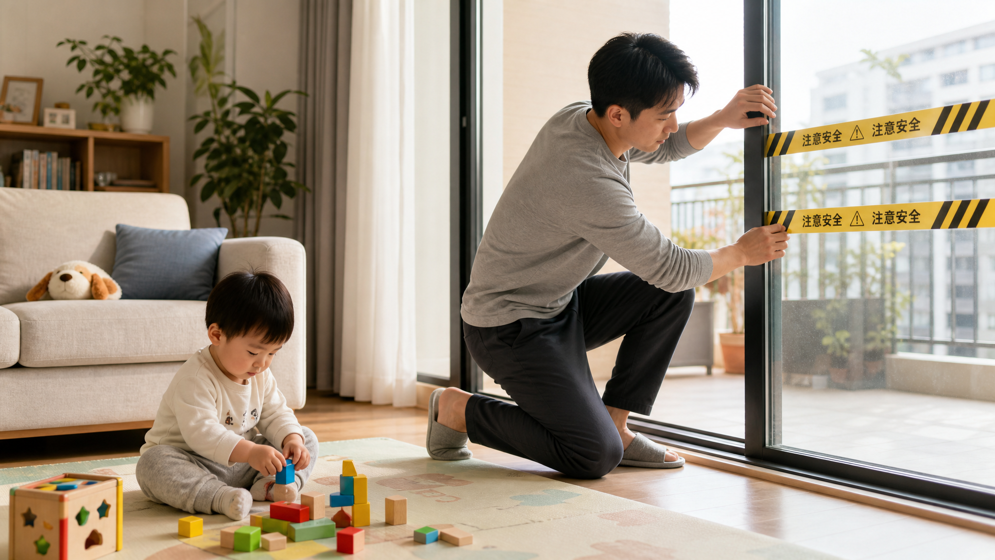 A Chinese father is carefully installing safety wa