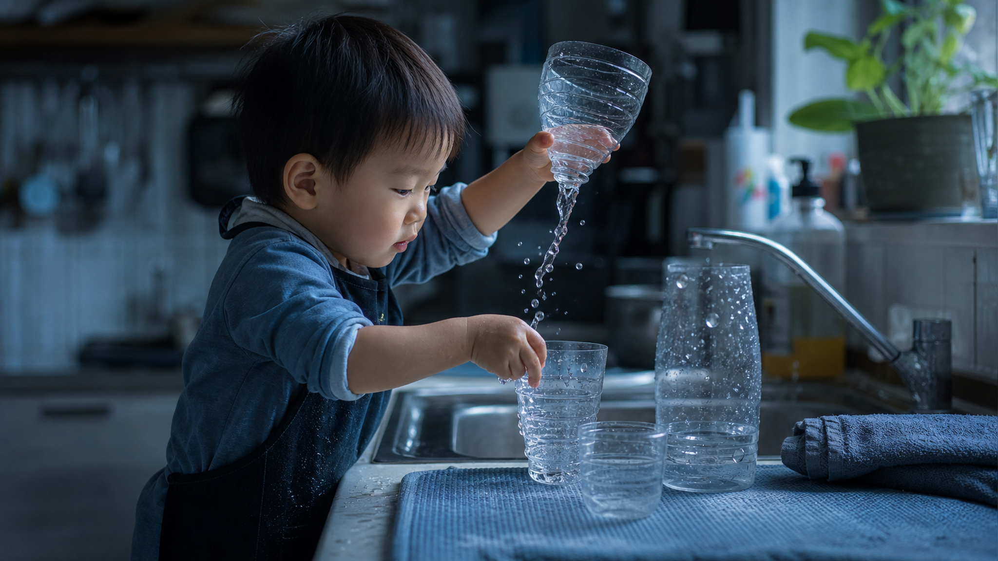 A cute Chinese toddler playing with water at a kit