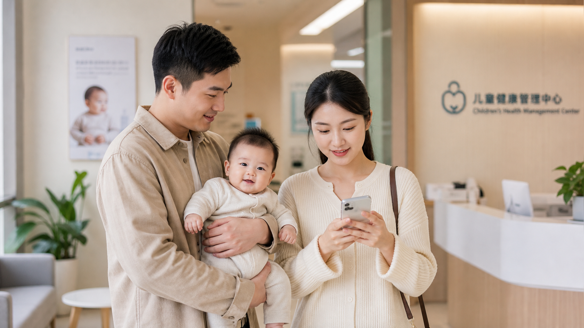A young Chinese couple in a modern, clean clinic,