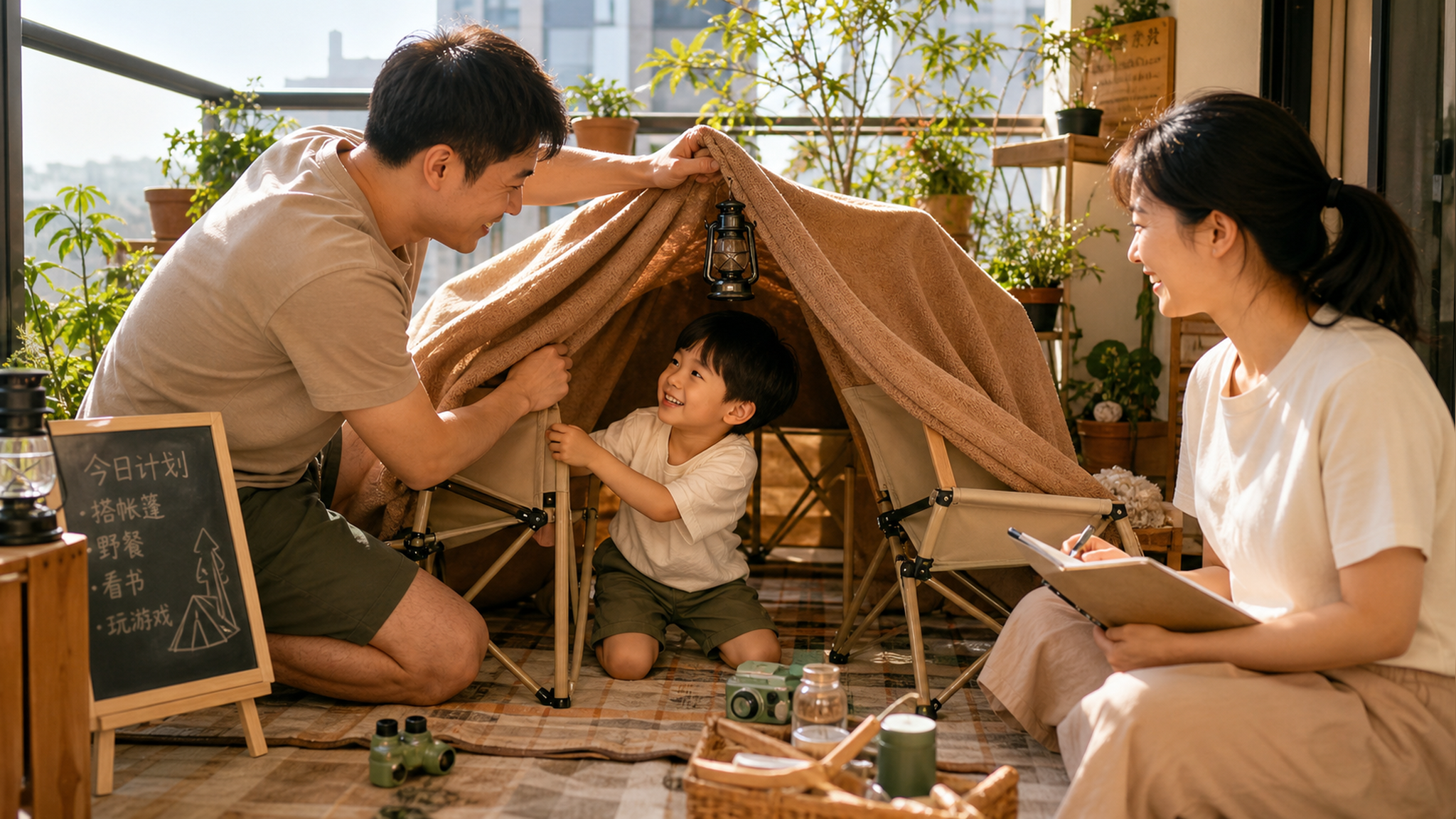 A warm and cozy scene of a Chinese family playing