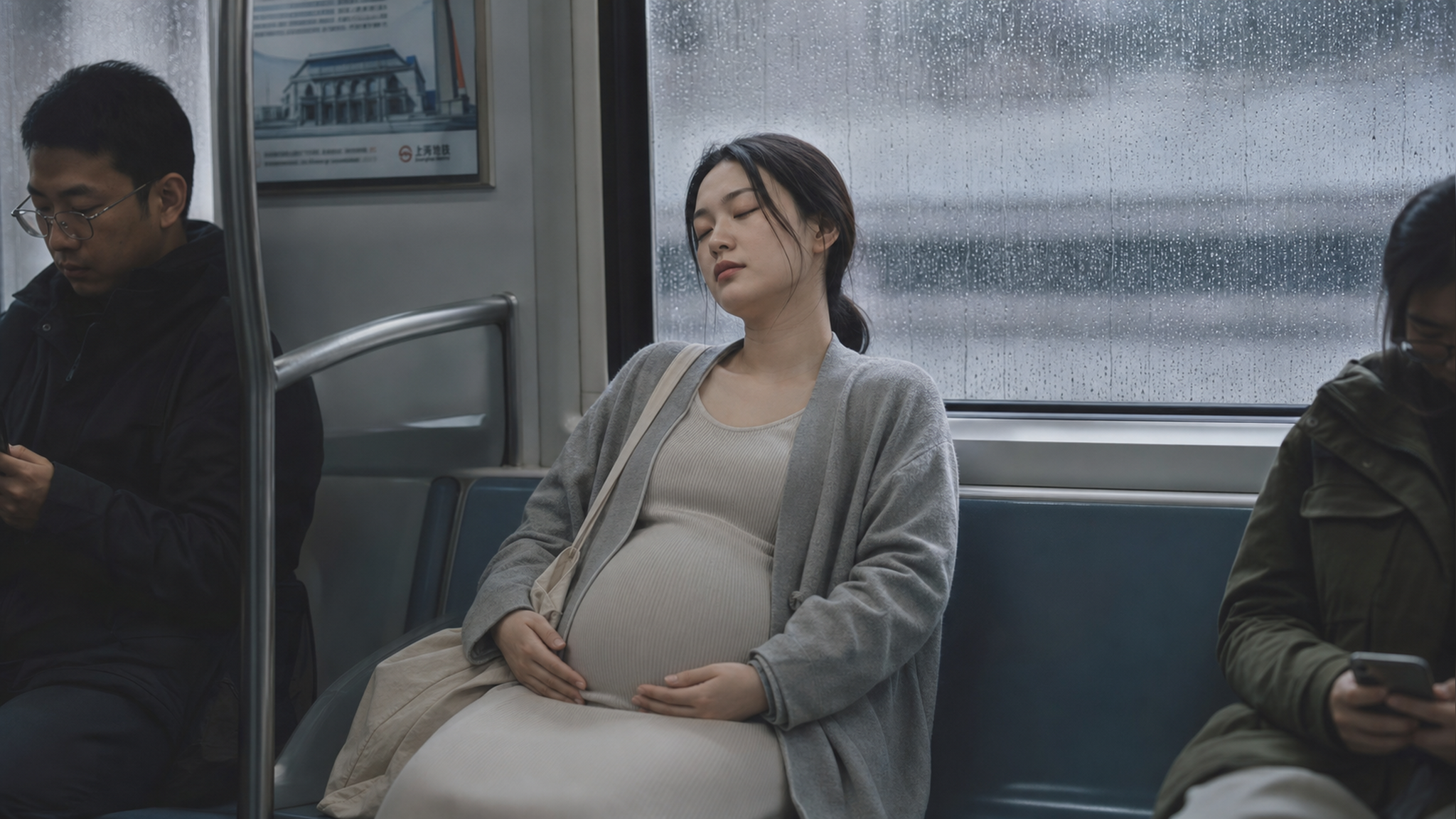 A cinematic shot of a young Chinese pregnant woman