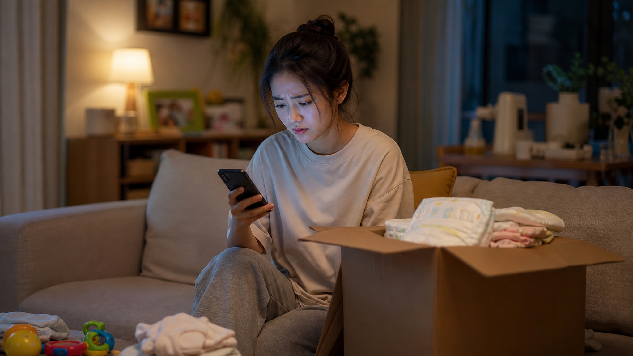 A realistic medium shot of a young Chinese mother