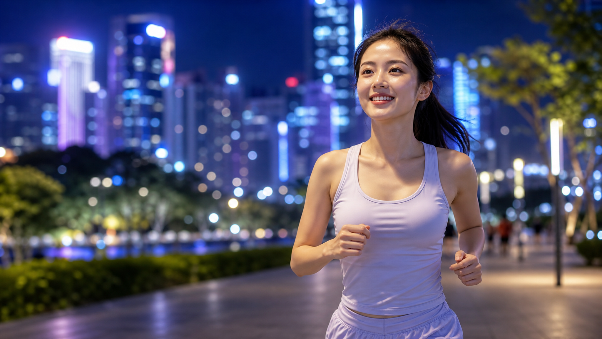 A cinematic shot of a young Chinese woman jogging