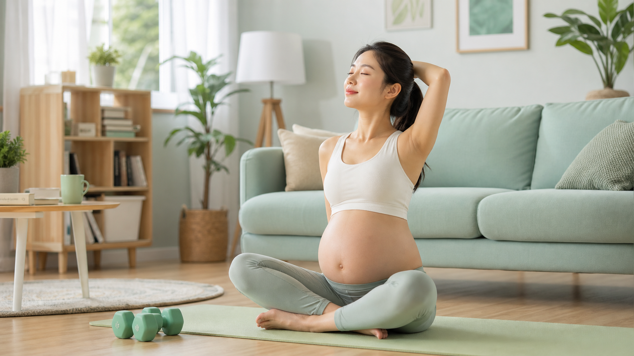 A young beautiful Chinese pregnant woman doing gen