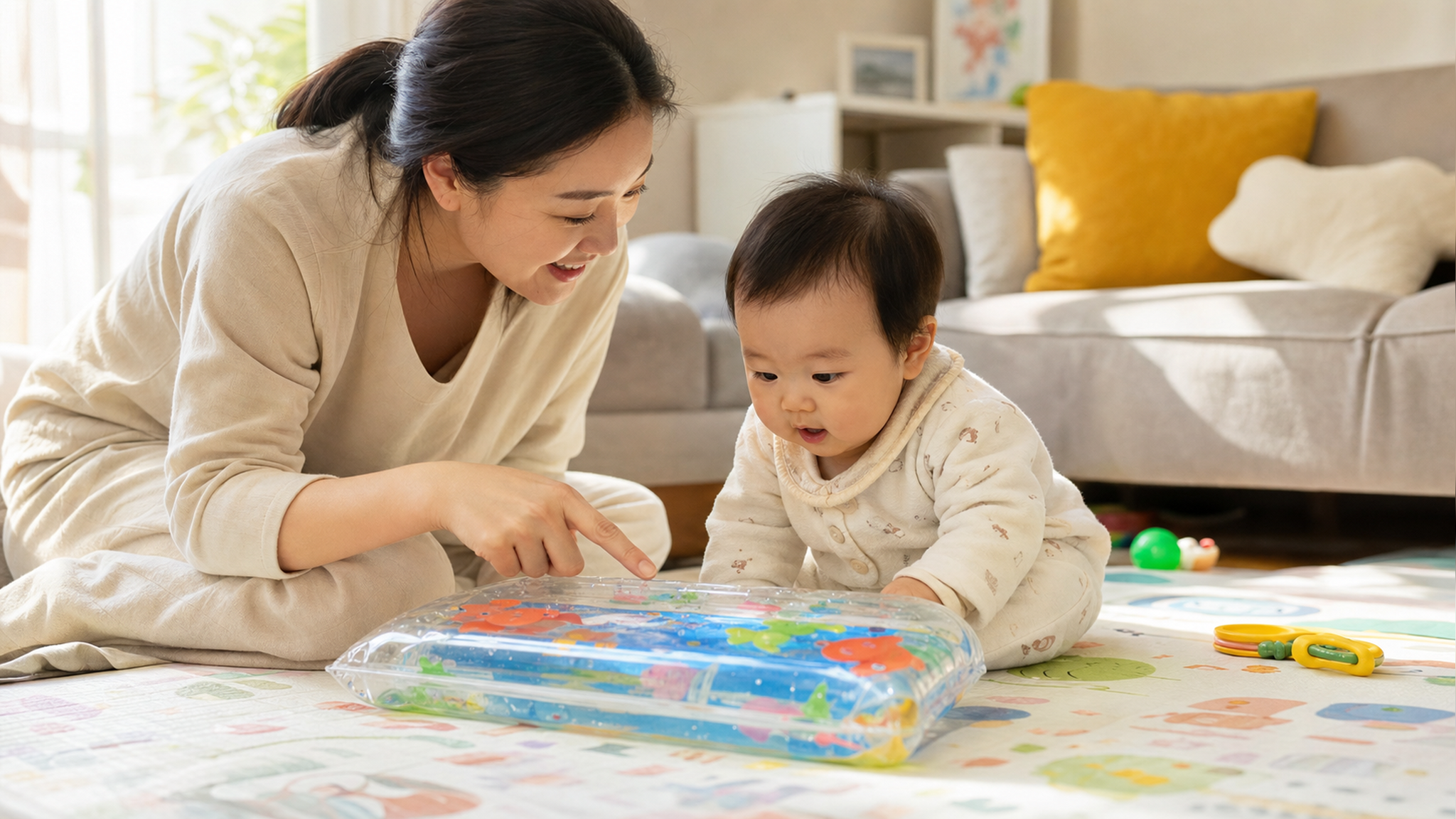 A warm and bright indoor scene, a Chinese mother a