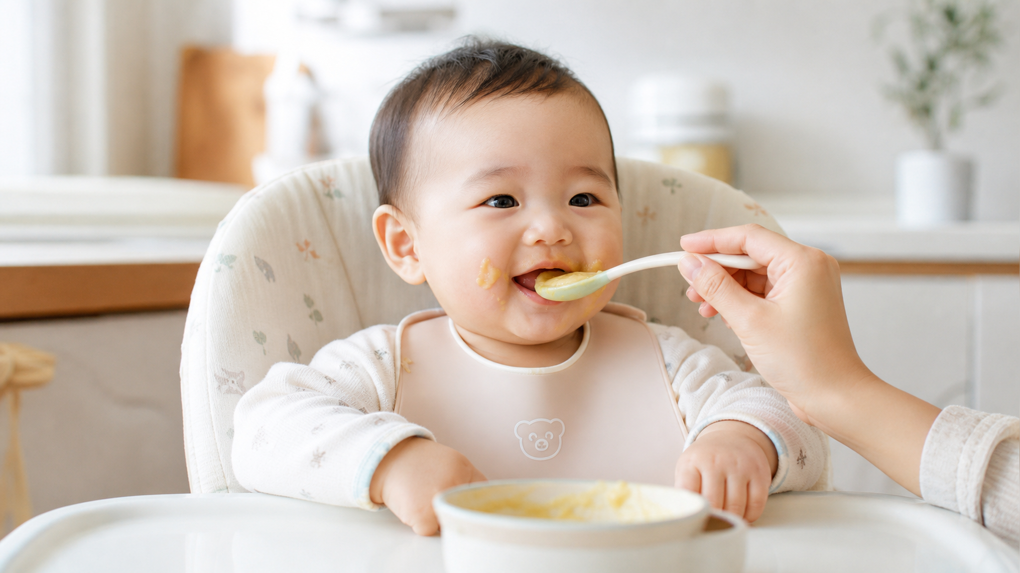 A cute 6-month-old Chinese baby sitting in a high