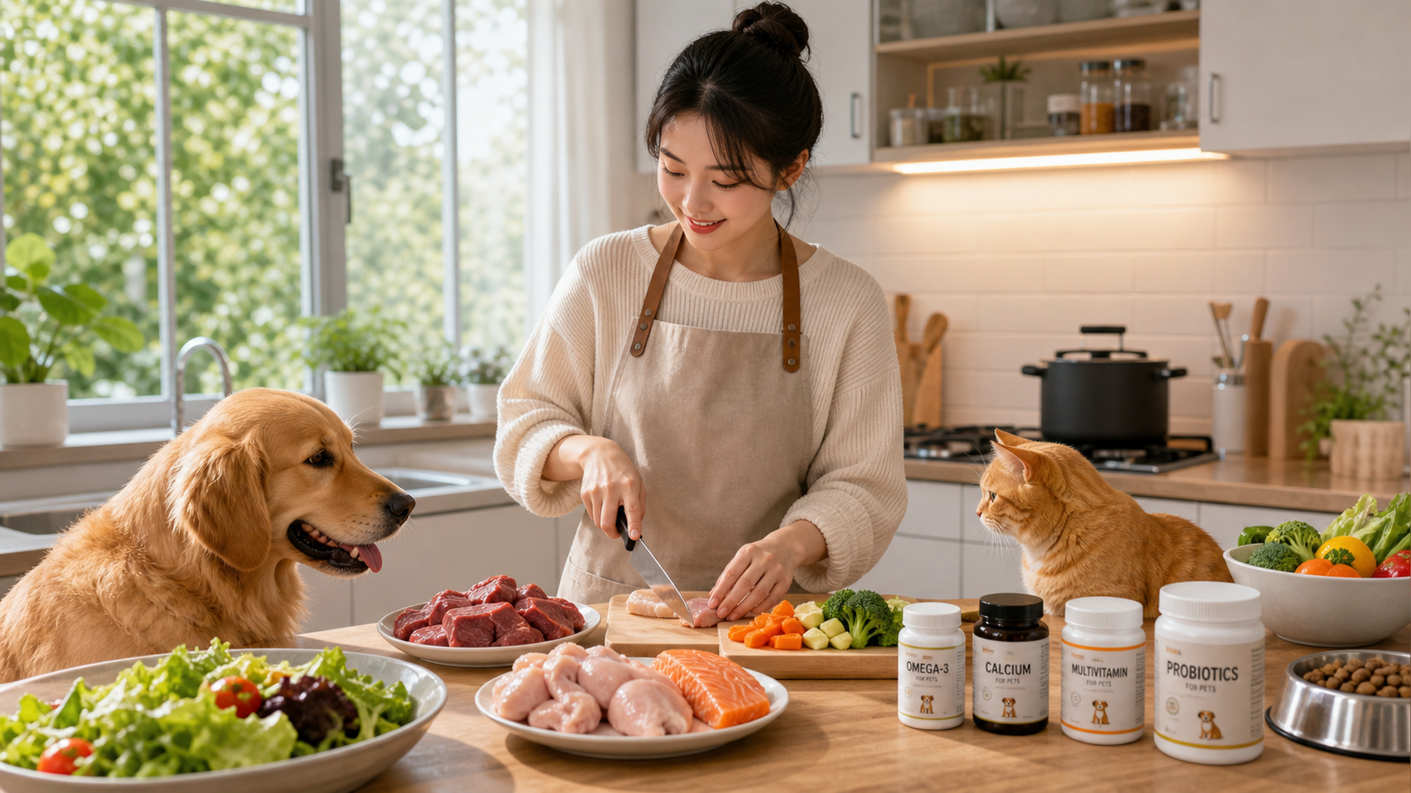 A Chinese young woman in a bright modern kitchen,
