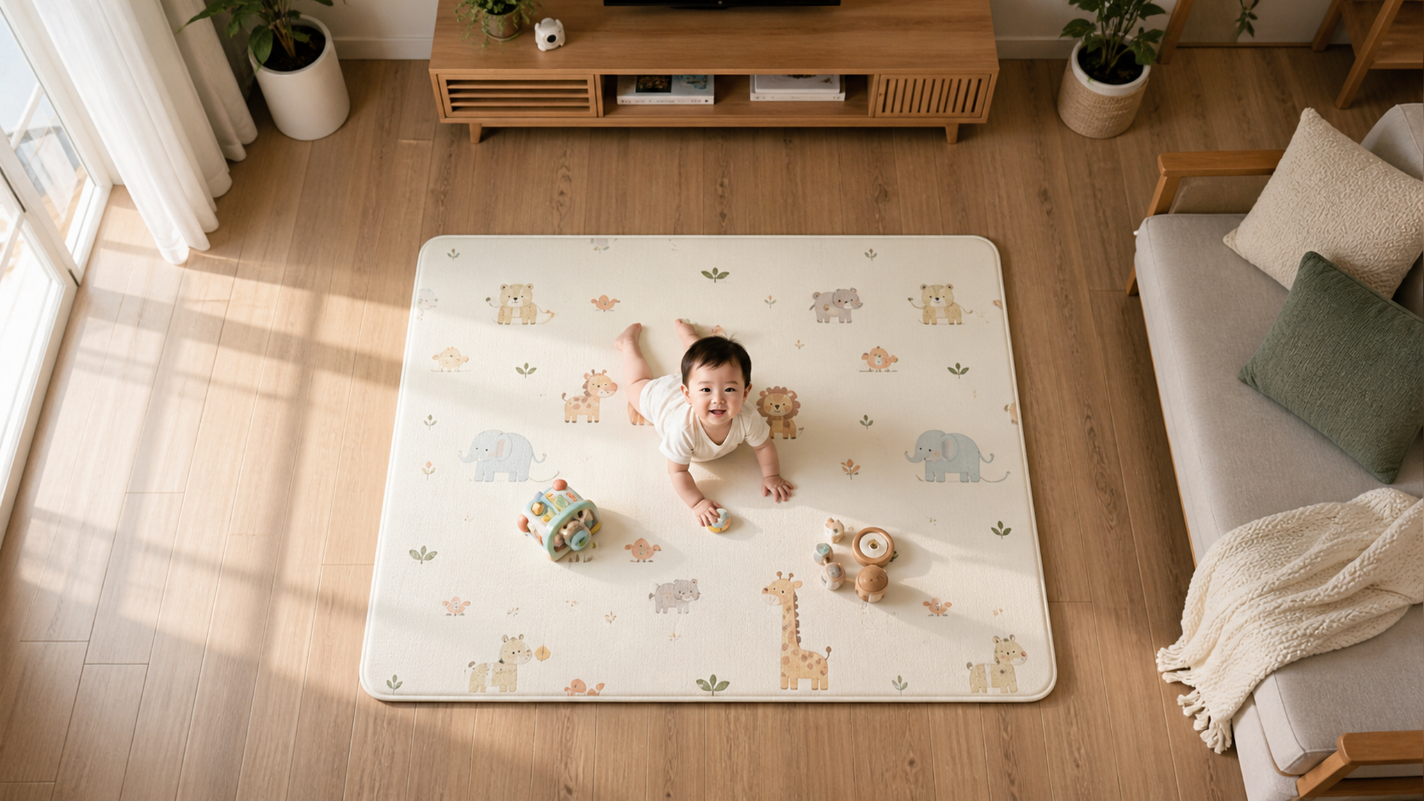 A top-down view of a bright, modern Chinese living
