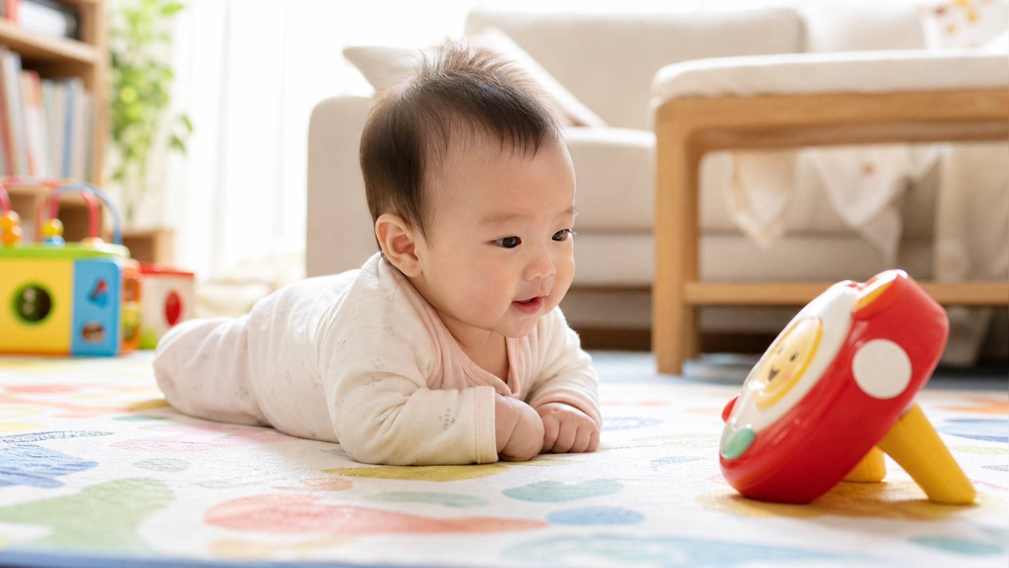 A cute 6-month-old Chinese baby lying on their sto