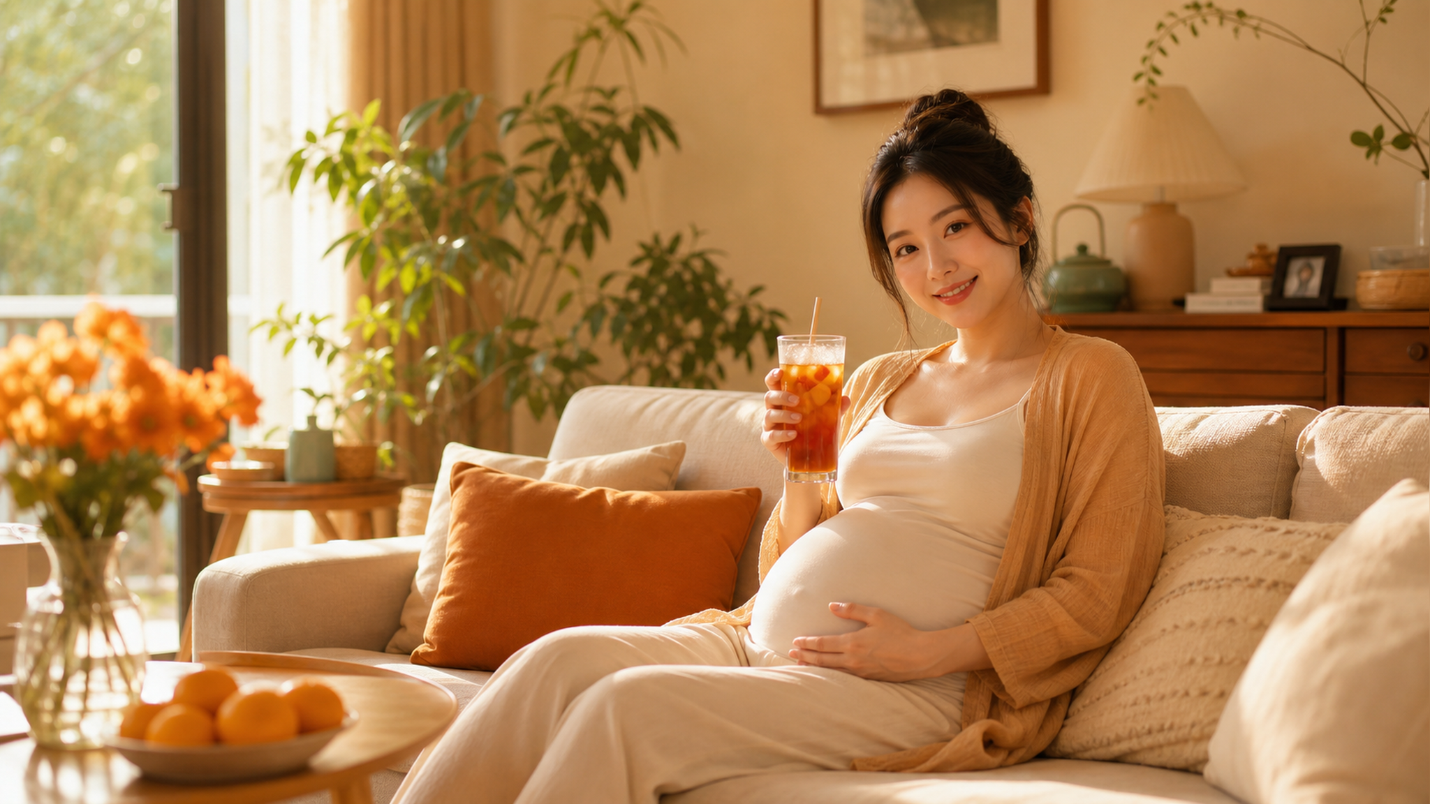 A beautiful Chinese pregnant woman sitting in a co