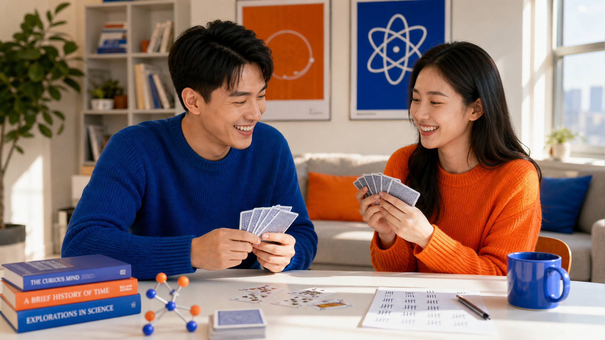 A young Chinese couple sitting at a bright, sunny