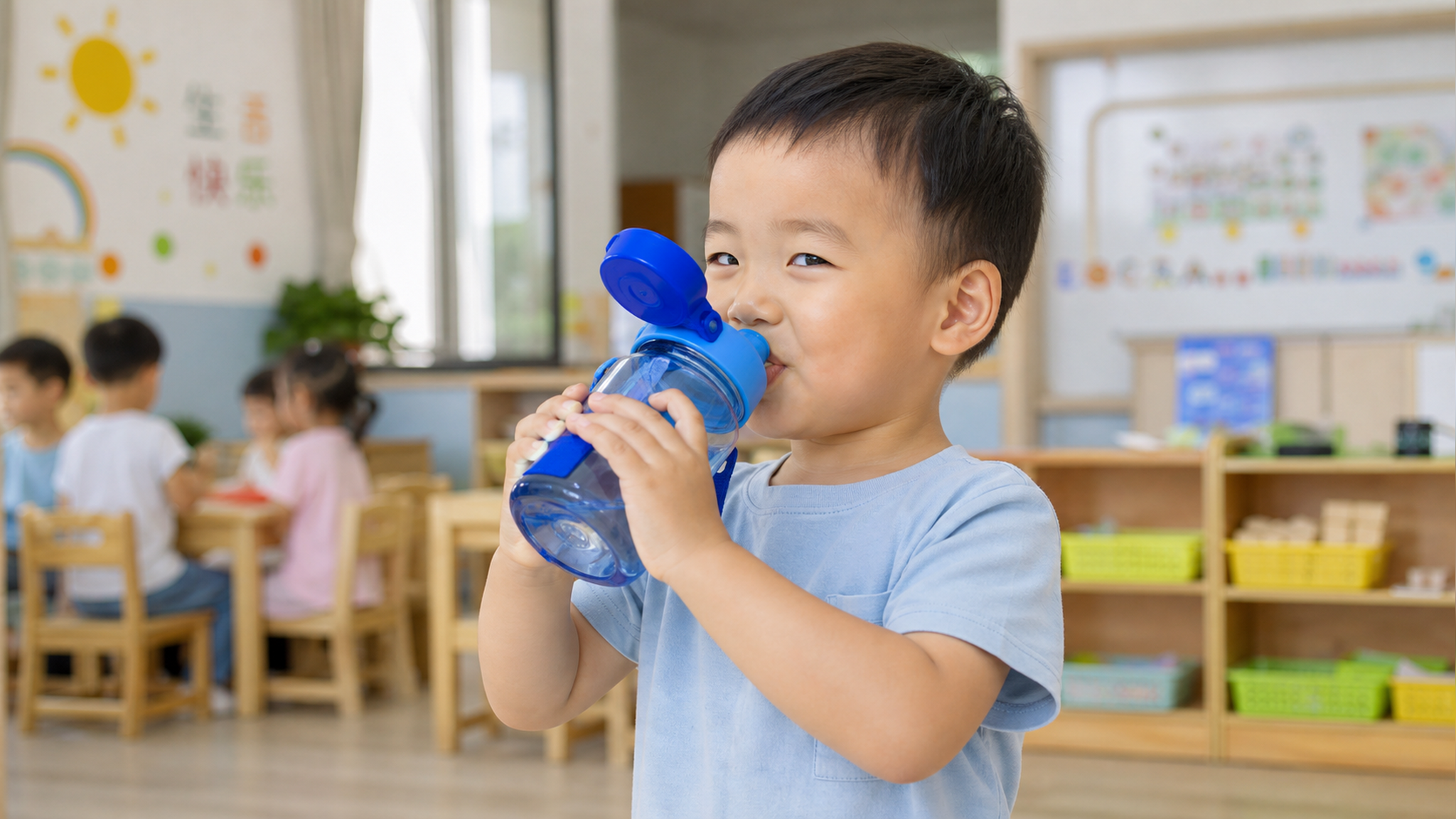 A cute 3-year-old Chinese child in a bright kinder
