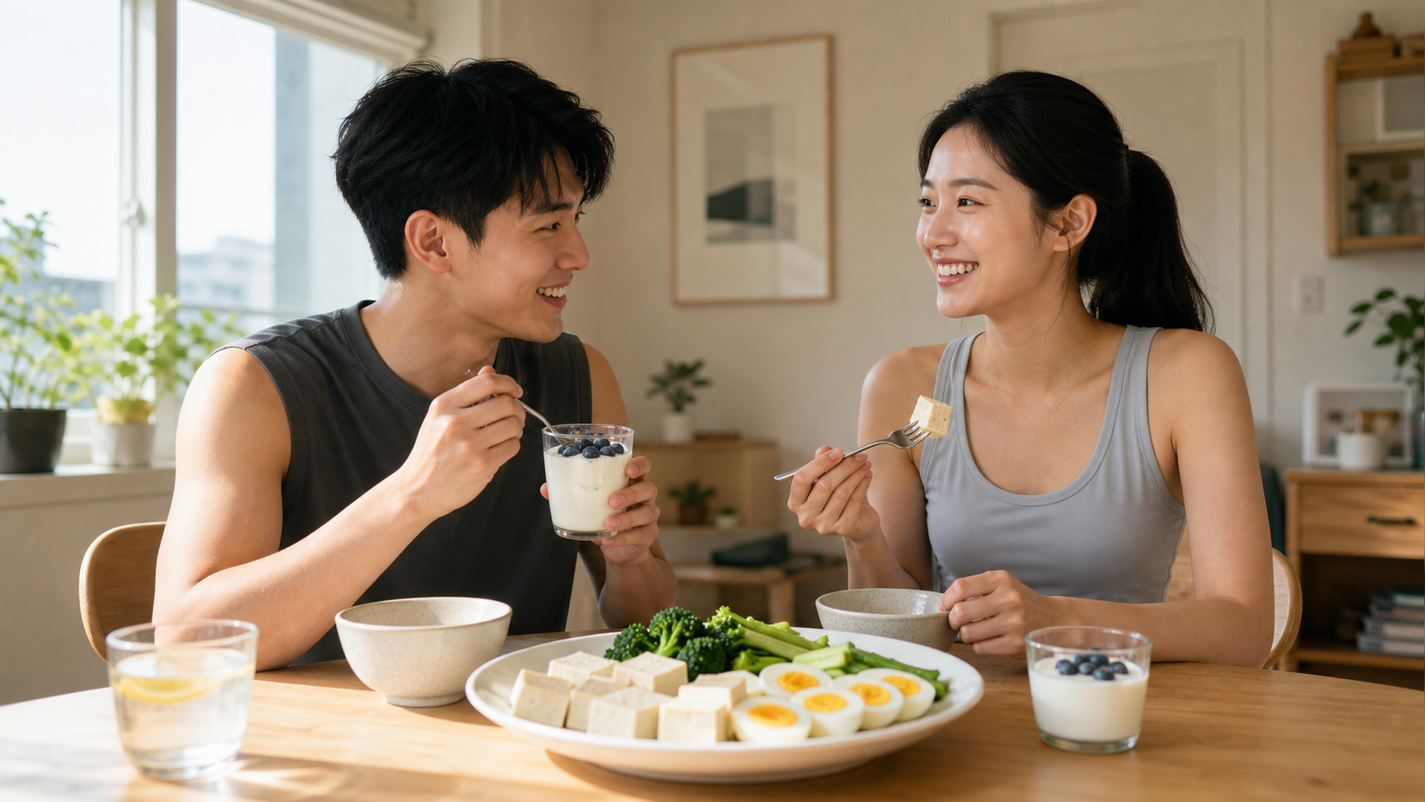 A young Chinese couple sitting at a bright, sunlit