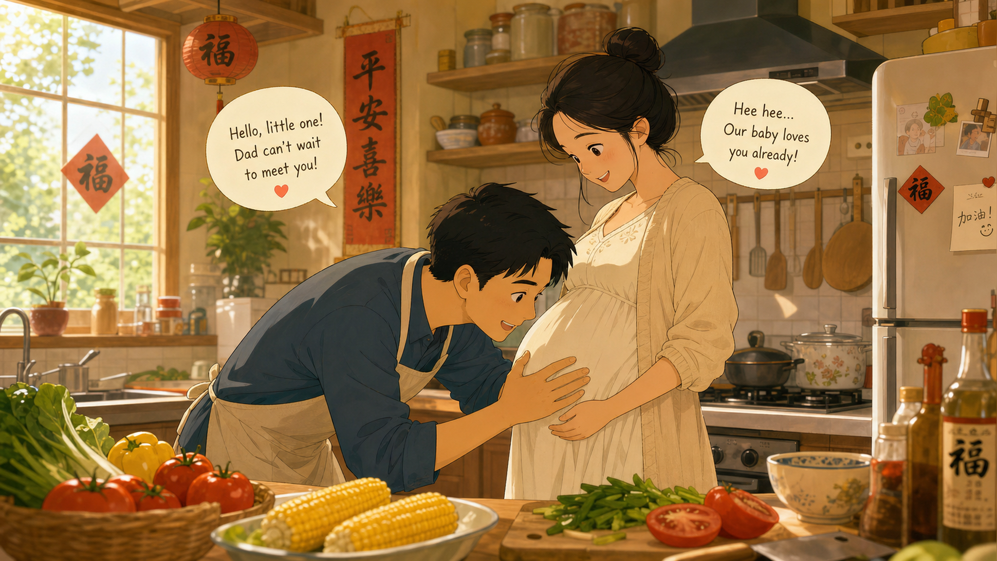 A warm and cozy illustration of a Chinese kitchen,