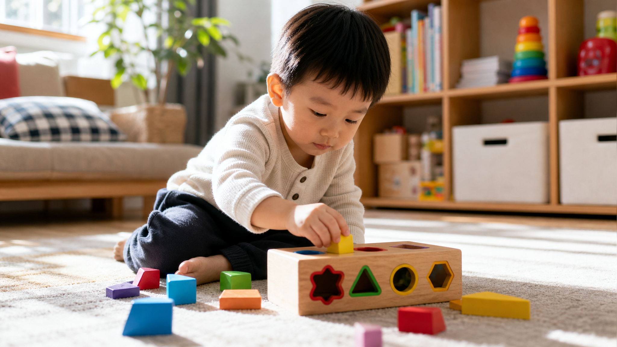 A 4-year-old Chinese child playing a colorful shap