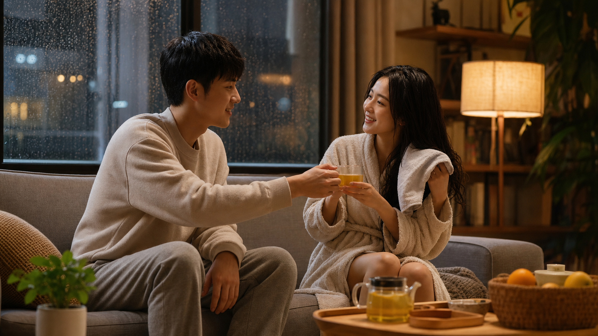A warm and cozy indoor scene in rainy season, a yo