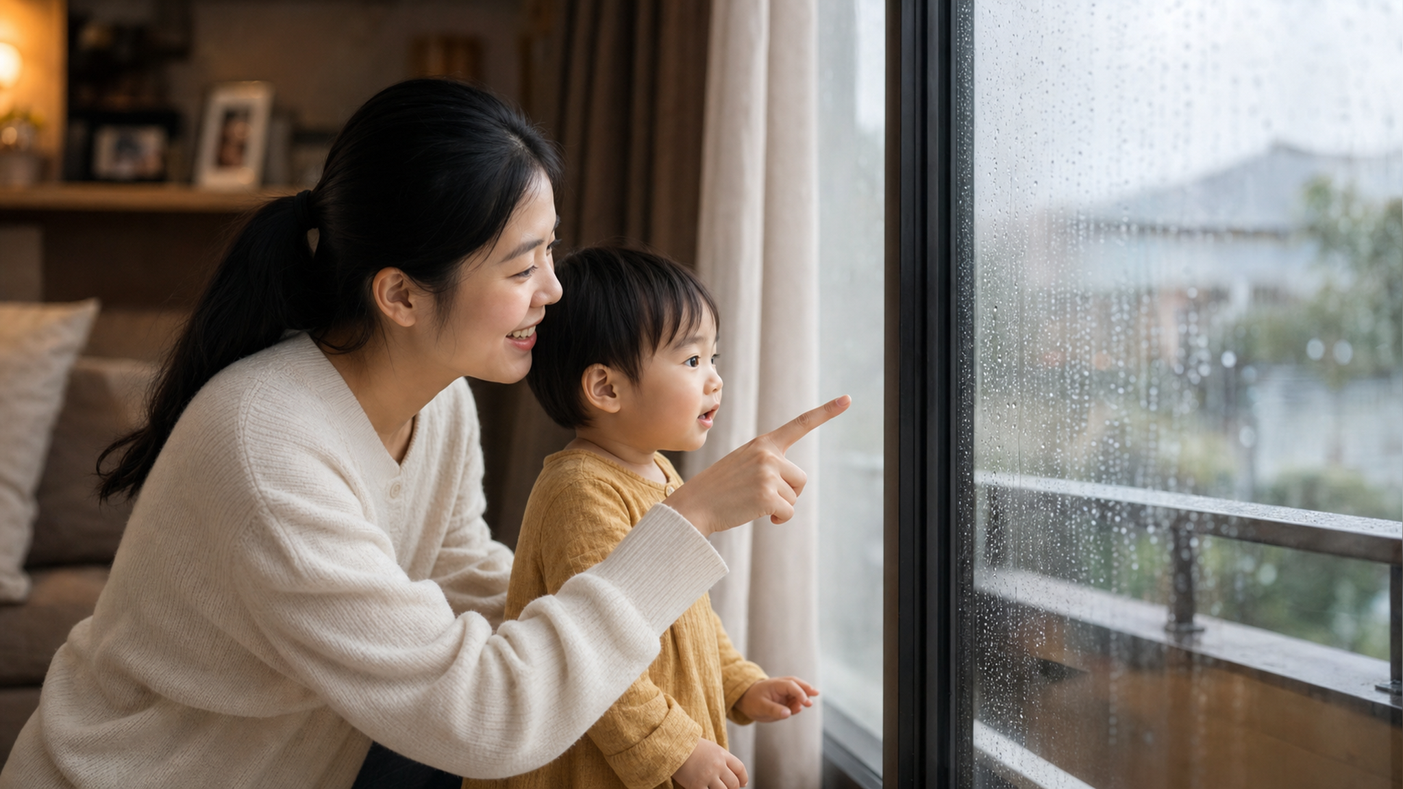 A warm indoor scene, a Chinese young mother and he