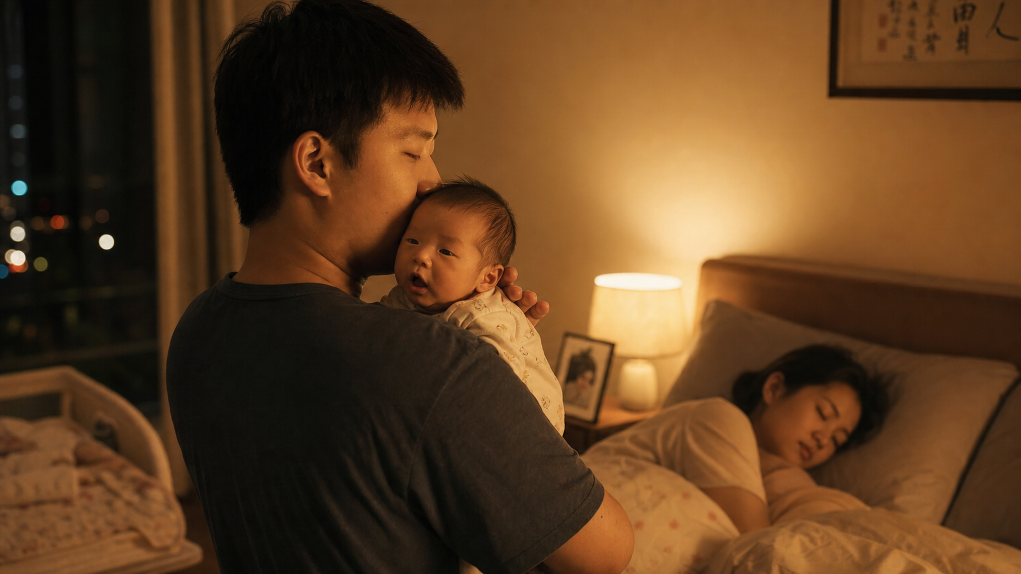 A warm and dim night scene in a modern Chinese bed