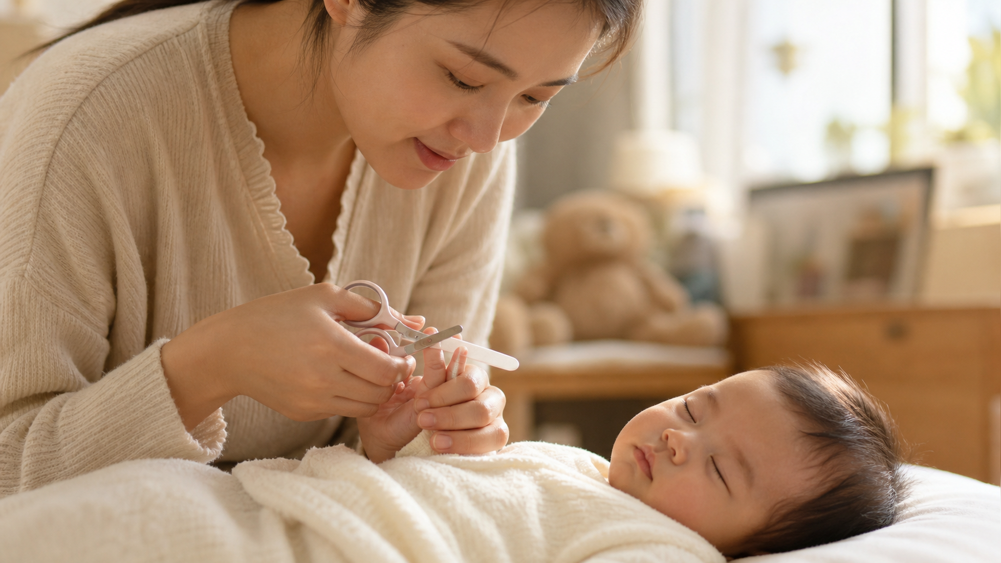 A close-up shot of a young Chinese mother gently c