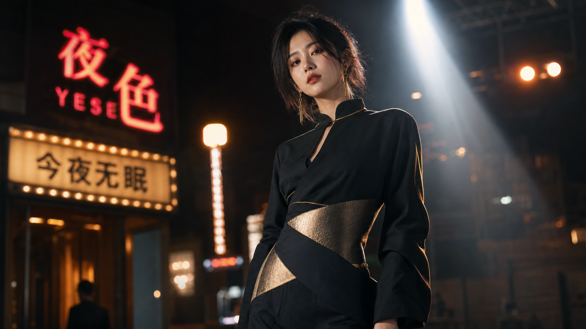 A cinematic night street photography of a stylish