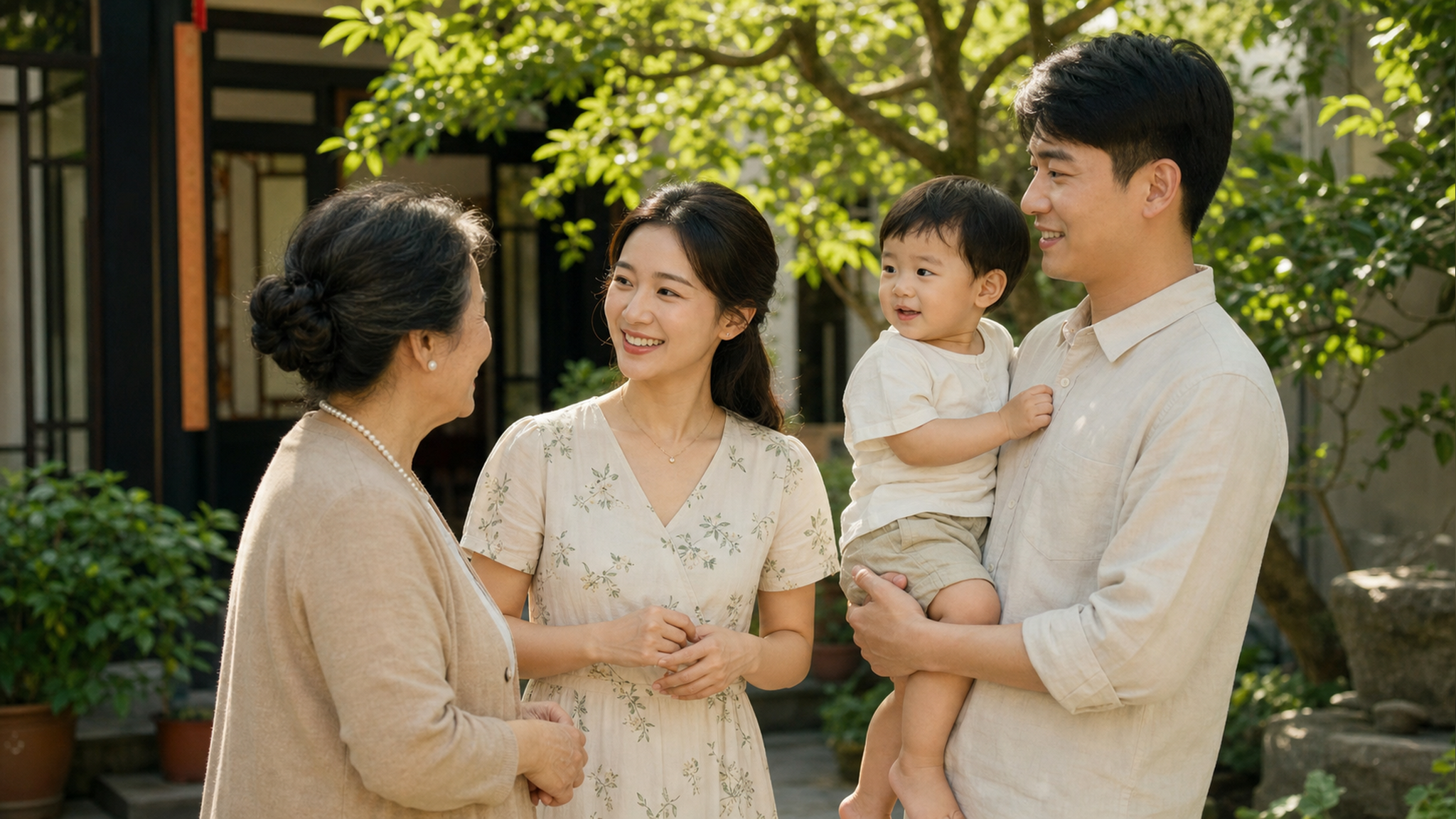 A warm and harmonious scene of a Chinese family ou