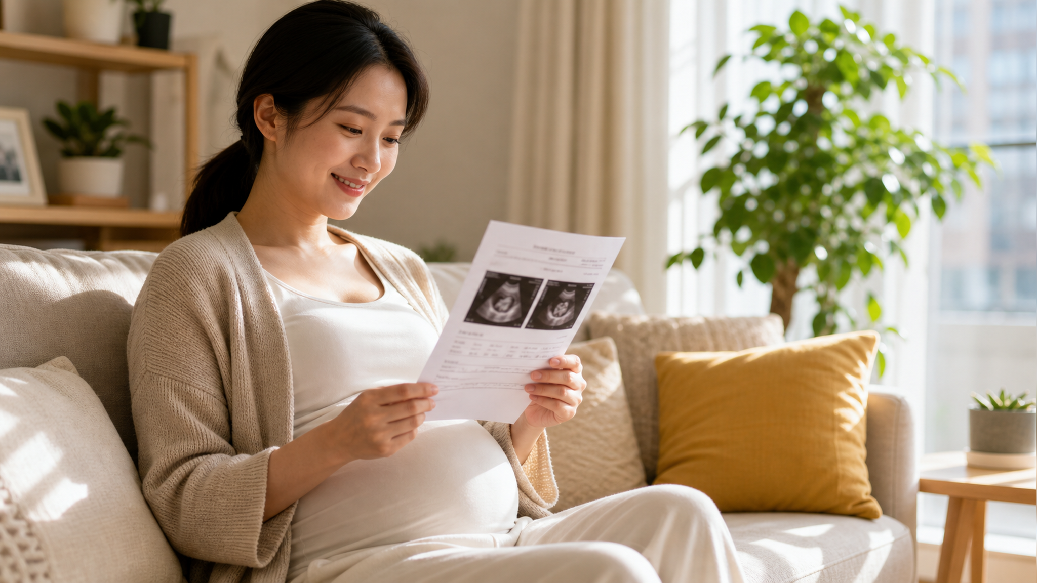 A Chinese pregnant woman sitting comfortably on a