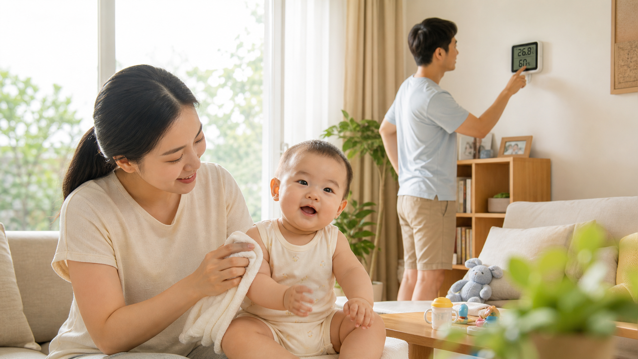 A warm and bright living room in summer, a young C